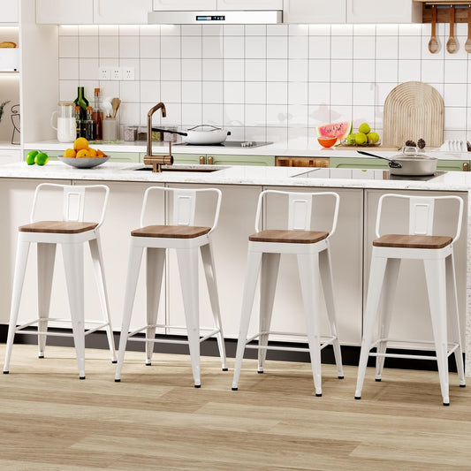 WENTMENT Bar Stools Set of 4 Counter Height Bar Stools Metal Barstools with Removable Back 26" Kitchen Bar Stools with Wooden Seat, White