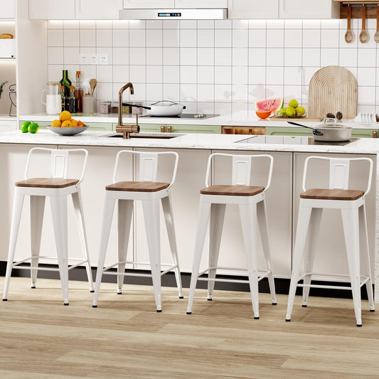 WENTMENT Bar Stools Set of 4 Counter Height Metal Barstools with Removable Back 30" Kitchen Bar Stools with Wooden Seat, White