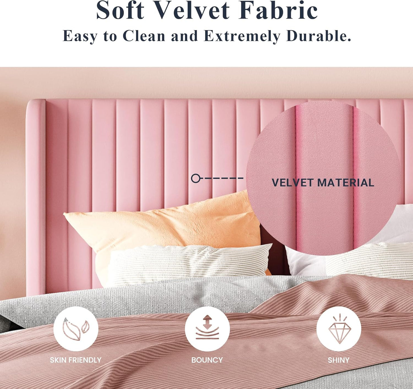 Allewie King Size Velvet Bed Frame/Vertical Channel Tufted Wingback Headboard/Upholstered Platform Bed/Strong Wooden Slats/No Box Spring Needed/Easy Assembly/Pink