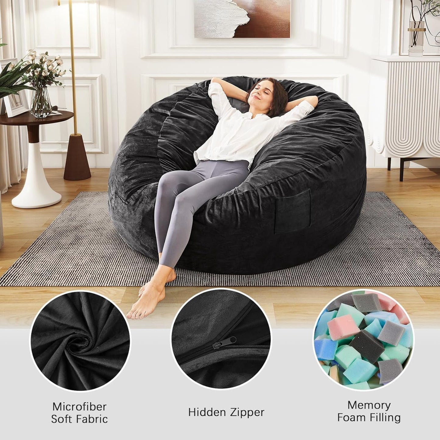 Bean Bag Chairs for Adults - Giant Bean Bag Chair Convertible Bean Bag Bed - Beanbag Chair with Microfiber Cover/Furniture Foam Filler - Floor Couch Sofa in Bedroom Dorm Room - Full Carbon Black