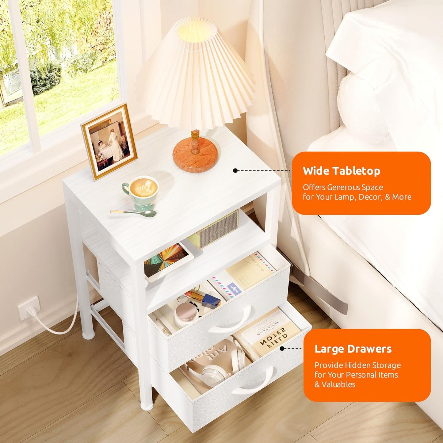 NightStand Bedside Charging Table Bedroom - Night Stand with Charger Station, White Modern Bed Side End Table with Open Shelf & 2 Fabric Drawers, USB-C USB Ports & AC Outlets for Dorm, Living Room