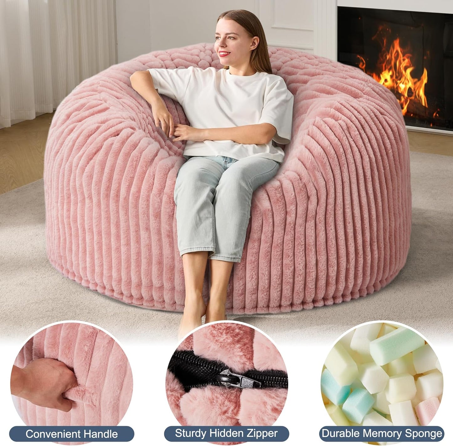 5ft Bean Bag Chairs for Adults Large Beanbag Chair with Stripe Plush Cover Big Bean Bag Chair for Living Room Bedroom Dorm Office