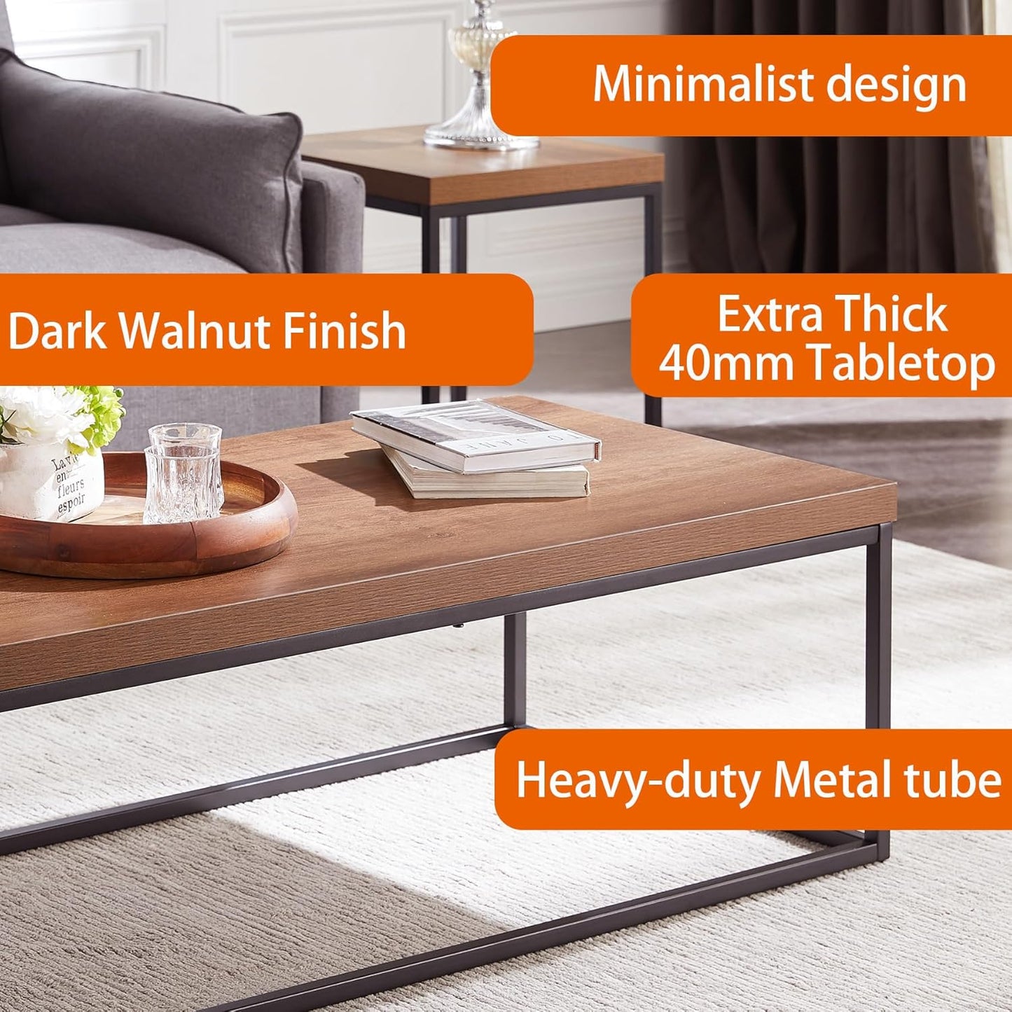 CENSI 47-Inch Dark Walnut Coffee Table for Living Room, Modern Industrial, Rectangular Wood and Metal Center Table with Extra Thick Tabletop (Dark Brown)
