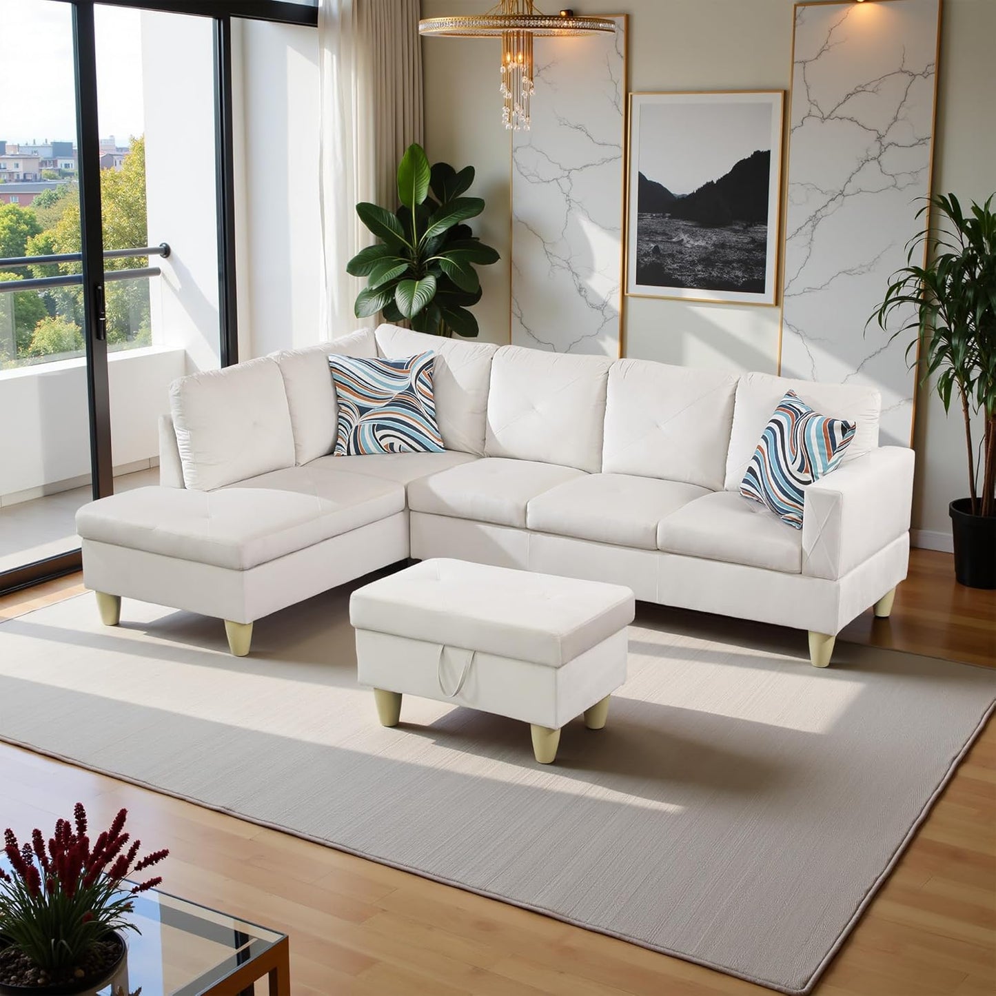 97" Oversized Sectional Couch, L Shaped Couch with Storage Ottoman, Modern Modular Sofa with Deep Seat, Sectional Couches for Living Room and Office, White (Flannel)