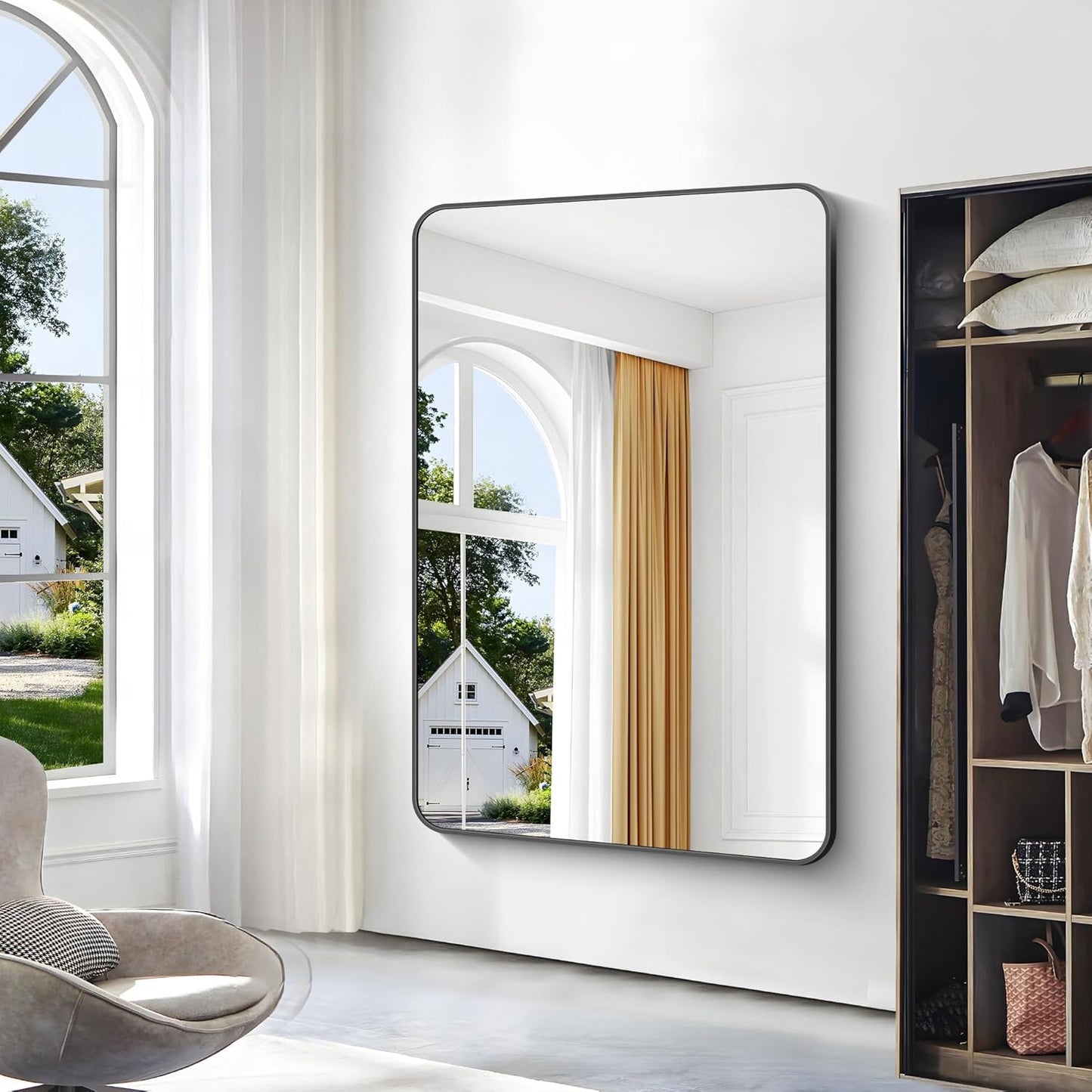 BONEWEI Black Bathroom Mirror,60x40 inch Wall Mirror for Bathroom Wall Mounted,Rectangle Mirror for Bathroom Over Sink,Modern Frame Round Corner for Living Room,Bedroom Entryway,Horizontal/Vertical