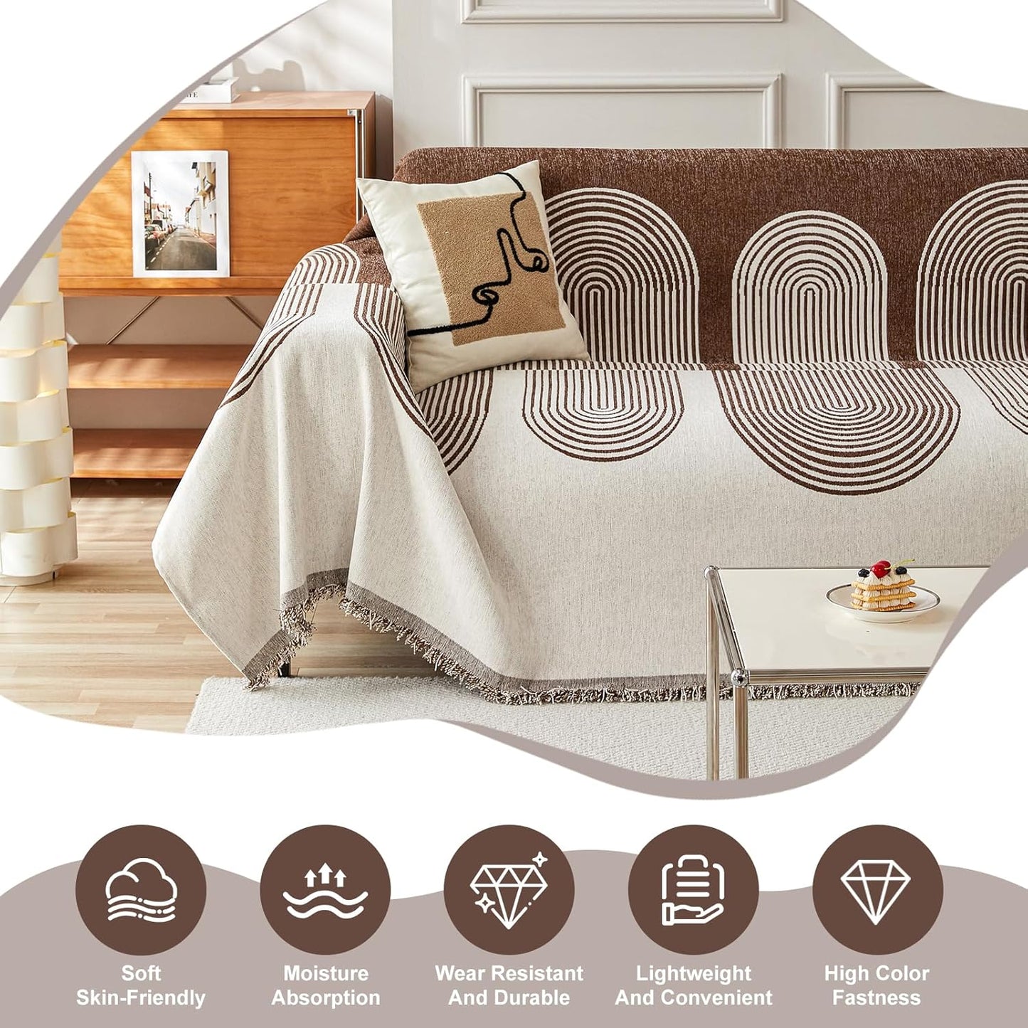 STACYPIK Soft Boho Chenille Couch Cover for Pets Beige Khaki Sofa Cover for 3 Cushion Couch Non Slip Furniture Protector with Tassels Geometric Couch Cover L Shaped Pet Friendly Washable-71x134IN