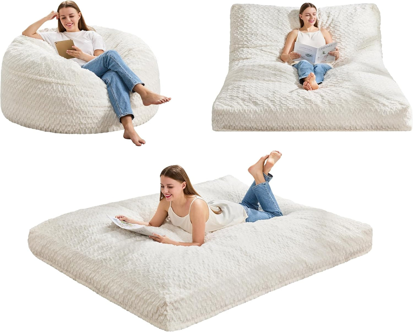 Hobestluk Bean Bag Chair Convertible Beanbag Chairs for Adults, 3 in 1 Bean Bags with Plush Chevron Cover, Adult Bean Bag Chair for Living Room, Bedroom (White, Full)