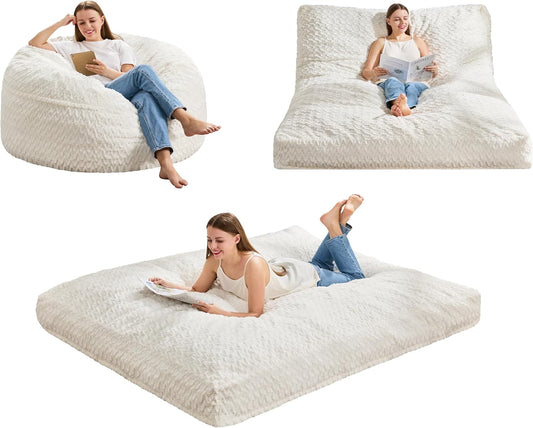 Hobestluk Bean Bag Chair Convertible Beanbag Chairs for Adults, 3 in 1 Bean Bags with Plush Chevron Cover, Adult Bean Bag Chair for Living Room, Bedroom (White, Full)