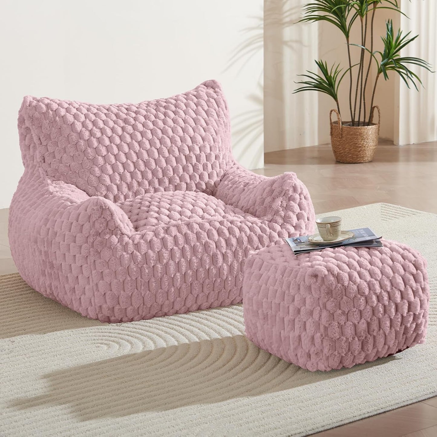 Bean Bag Chair with Ottoman - Modern Comfy Beanbag Sofa with Footrest, Soft Faux Fur Lounger Chair for Adults Teens, Cozy Memory Foam Filled Gaming Reading Chairs for Bedroom, Living Room (Dusty Pink)