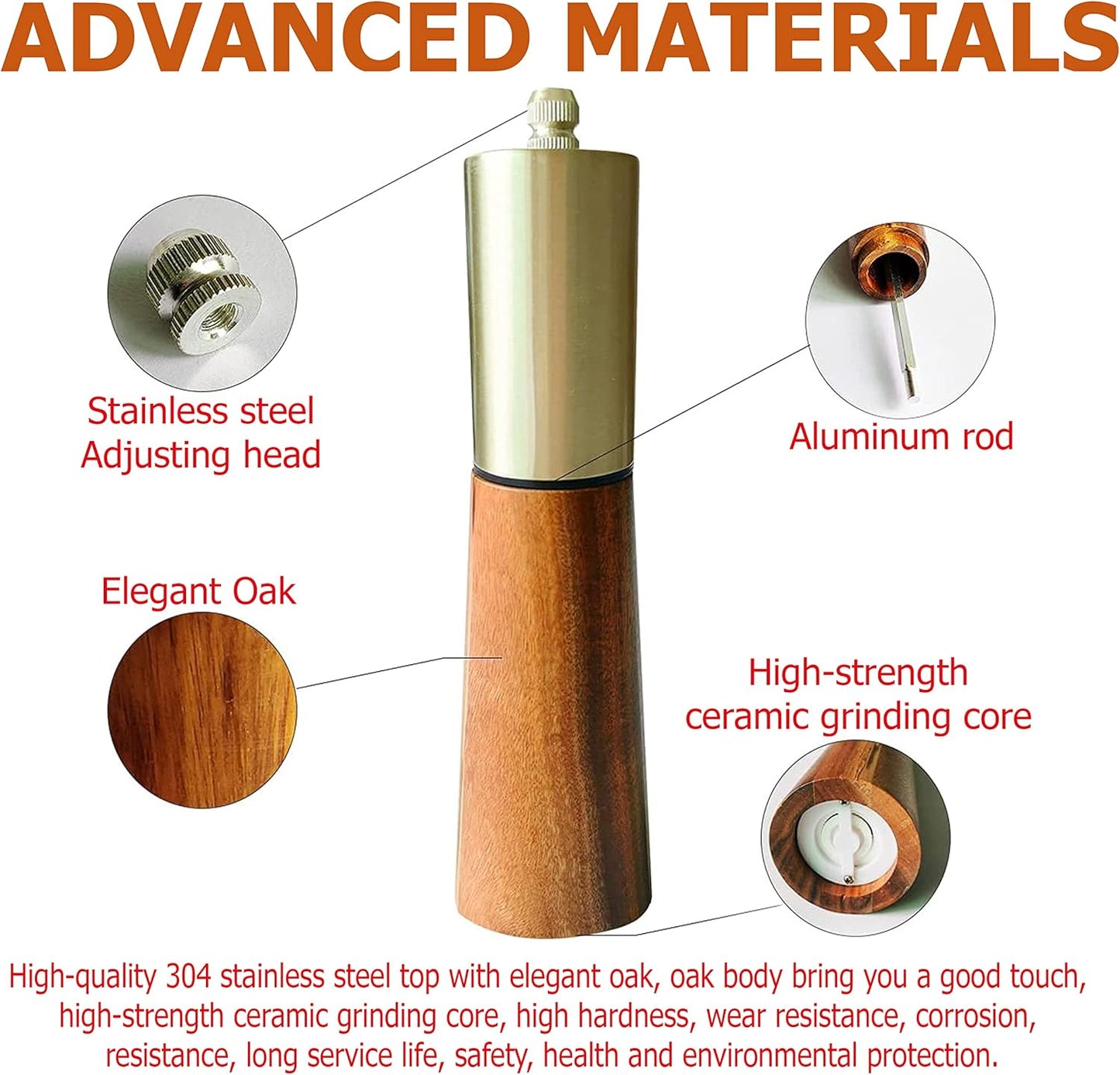 Gold Salt Shaker and Pepper Grinder Set,Stainless Steel Manual Salt Shaker and Pepper Mill,Adjustable Thickness,Suitable For Kitchen,Barbecue,Picnic,2 Packs