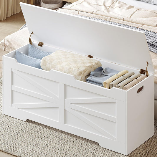 47.2" Storage Chest, Extra Large Storage Trunk with 2 Safety Hinges, Wooden Box Bench, Lift-Top Organizer Chest, Shoe Bench for Entryway, Bedroom, Living Room, White SB13403X