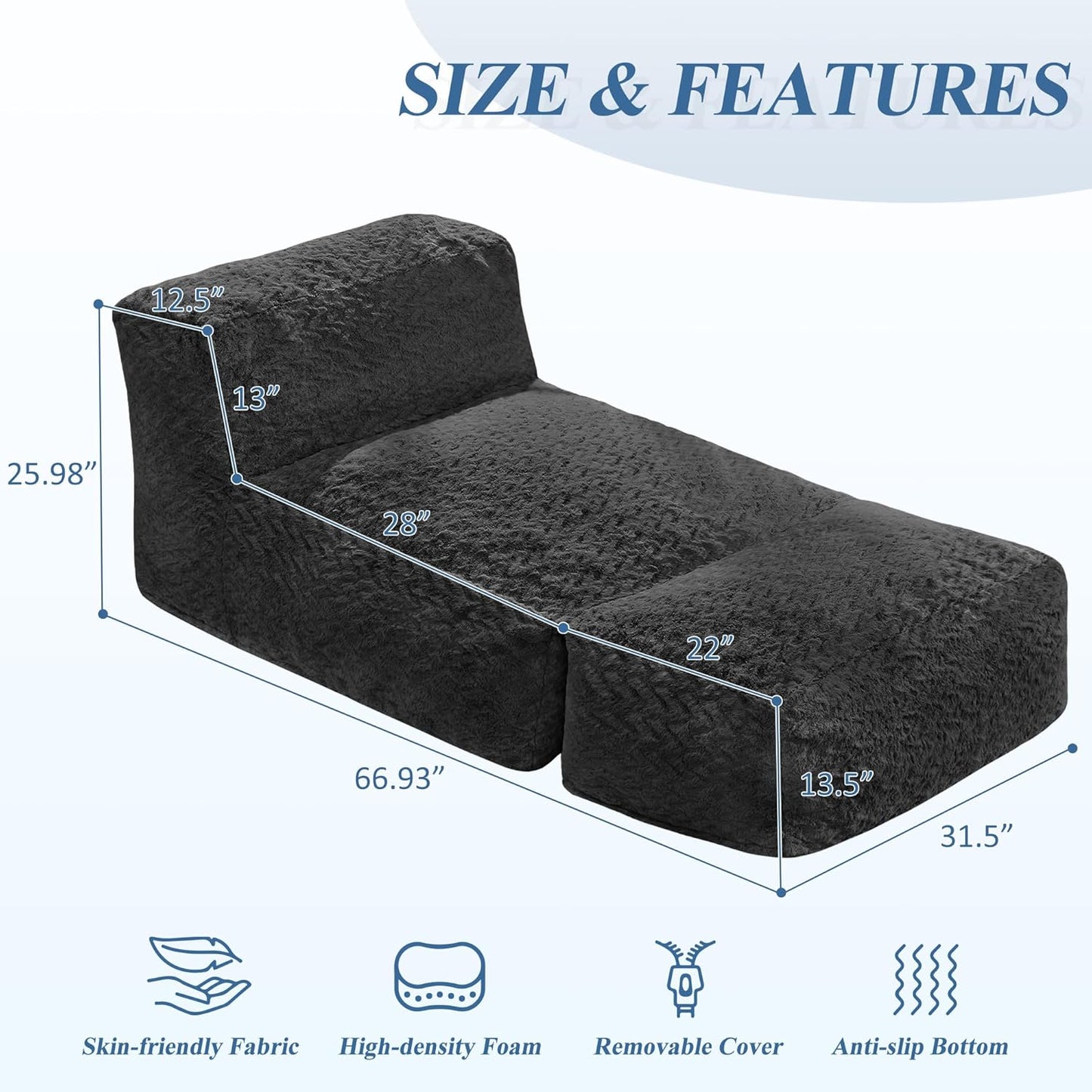 Hobestluk Bean Bag Chair Big Bean Bag Lounger for Adults Bean Bag Couch with Memory Foam Filled for Living Room, Bedroom or Balcony (Chevron Plush Black)