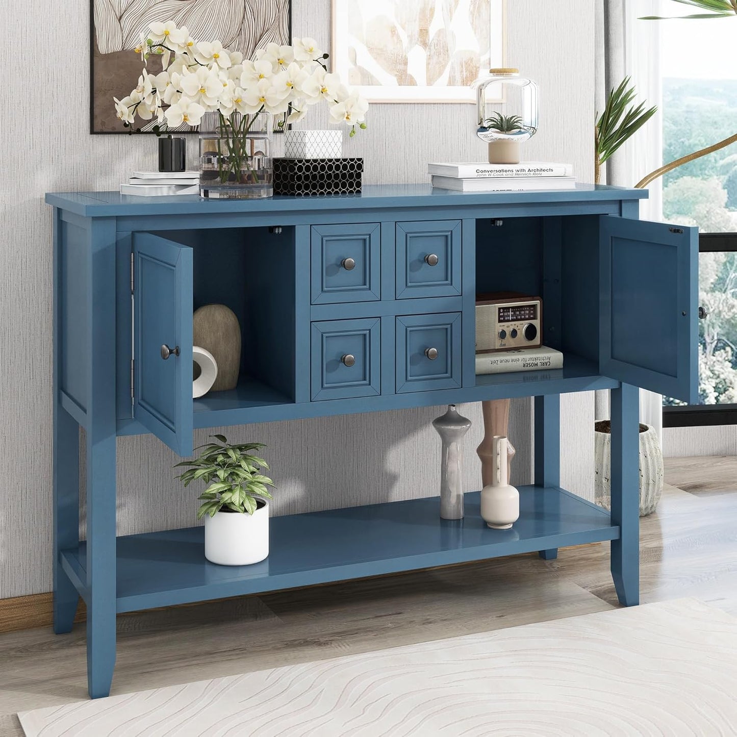 Merax Modern Wood Buffet Sideboard with Drawers and Bottom Shelf Console Table for Living Room Dinning Room Kitchen (Light Navy)