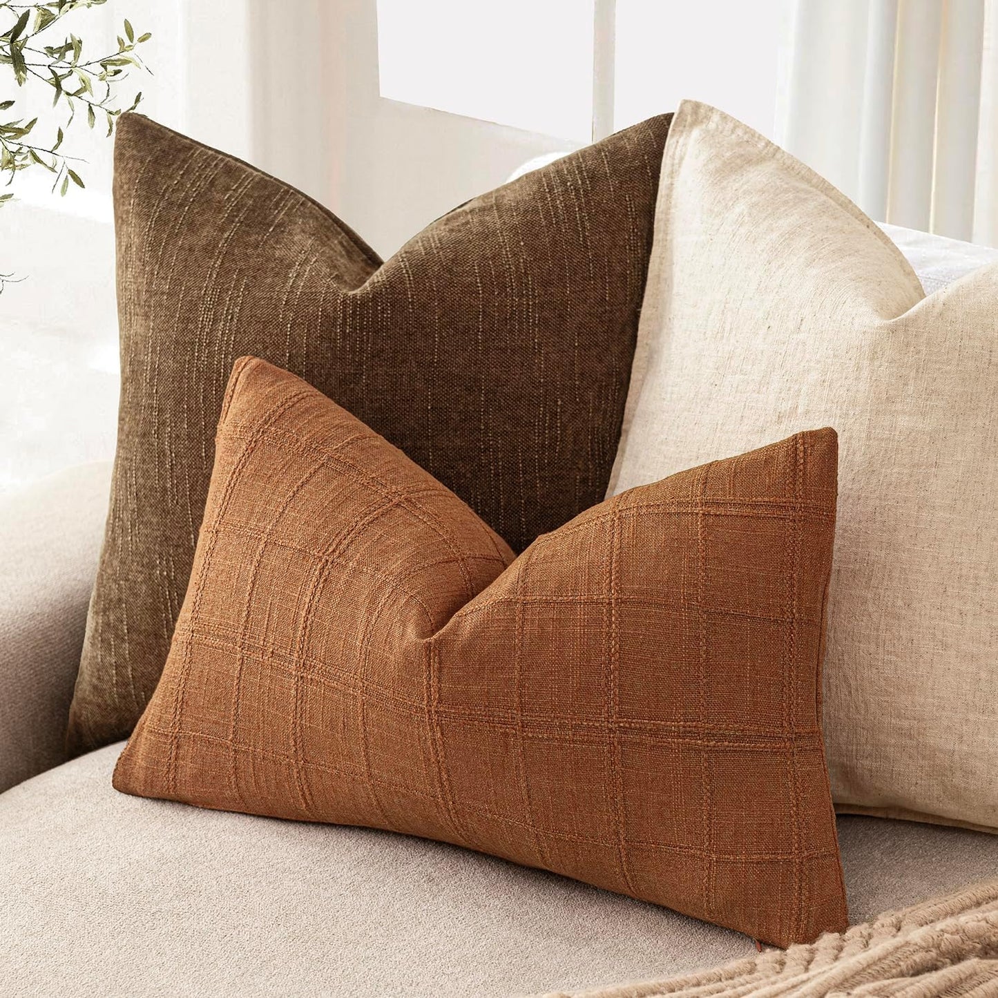 Foindtower Set of 2 Decorative Linen Check Throw Pillow Covers Neutral Farmhouse Lumbar Cushion Covers Modern Boho Home Decor for Sofa Chair Couch Bedroom Living Room Outdoor,12×20 Inch,Orange