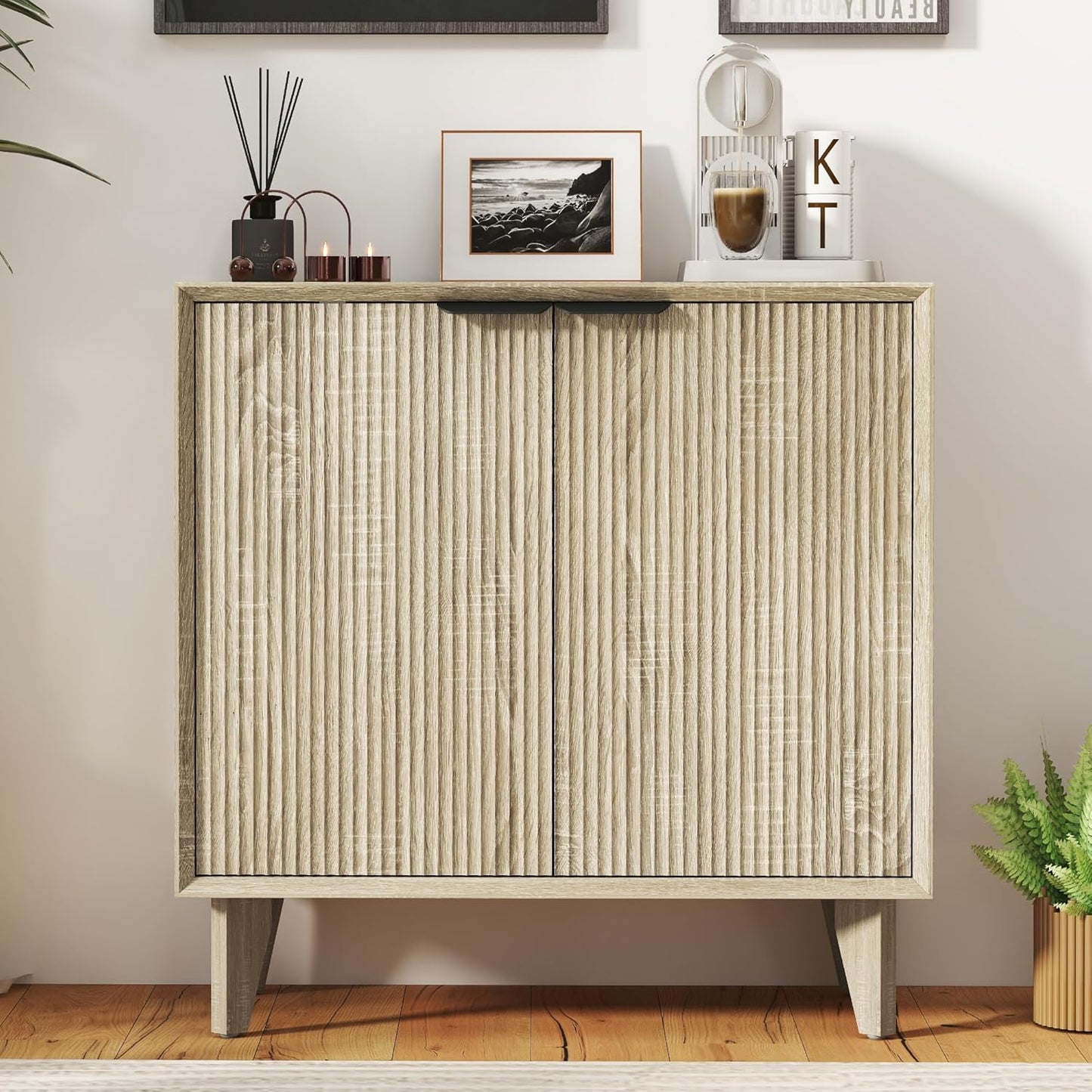 Fluted Cabinet with Storage, Small Buffet Storage with Doors, Buffet Sideborad Accent Cabinet with Adjustable Shelves for Living Room, Kitchen, Entry, Hallway, Natural