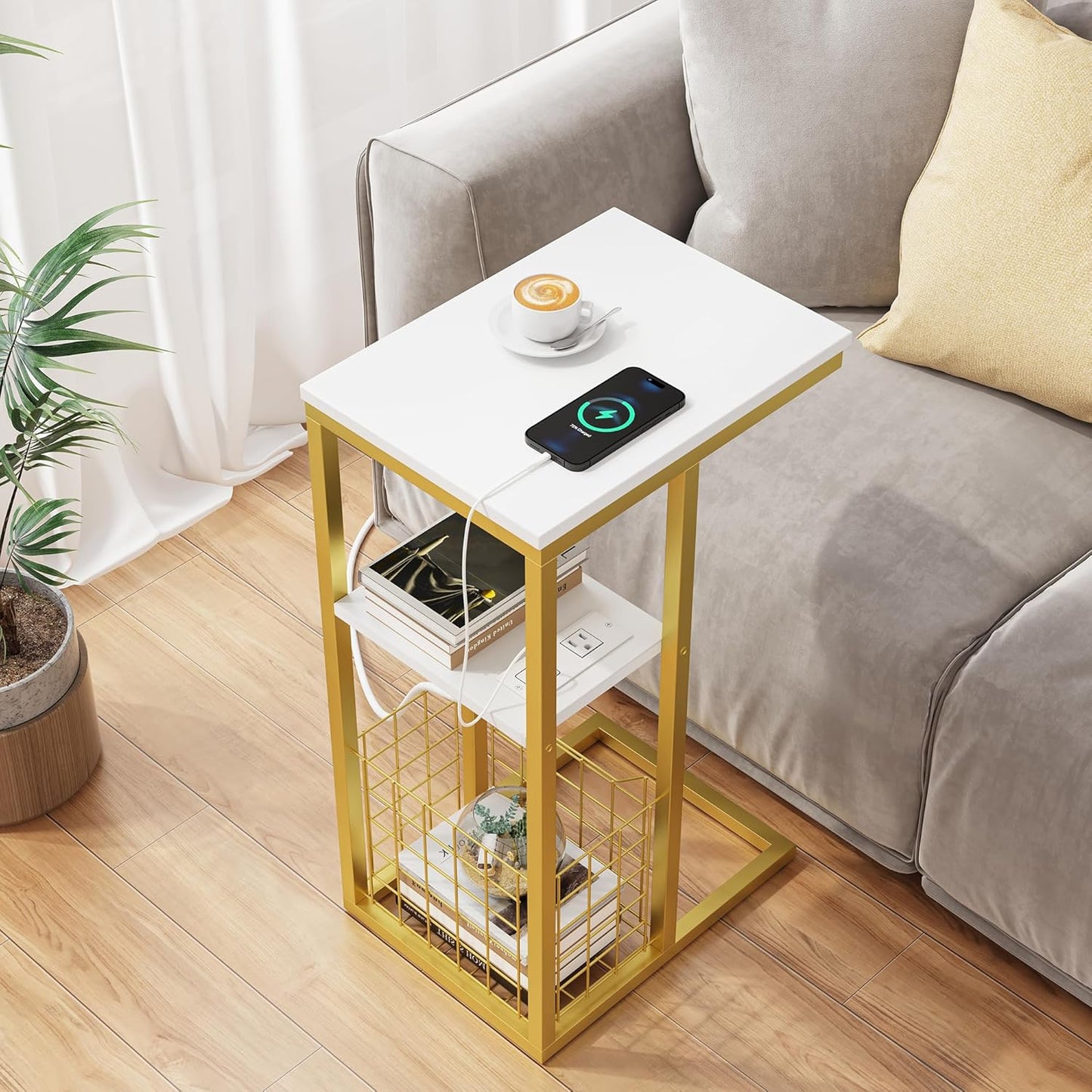 Vagusicc C Shaped End Table with Charging Station, Side Table for Couch, Small Side End Table for Small Spaces, 28" High Slide Under Sofa Table for Coffee, Tv Tray Table for Living Room, Golden
