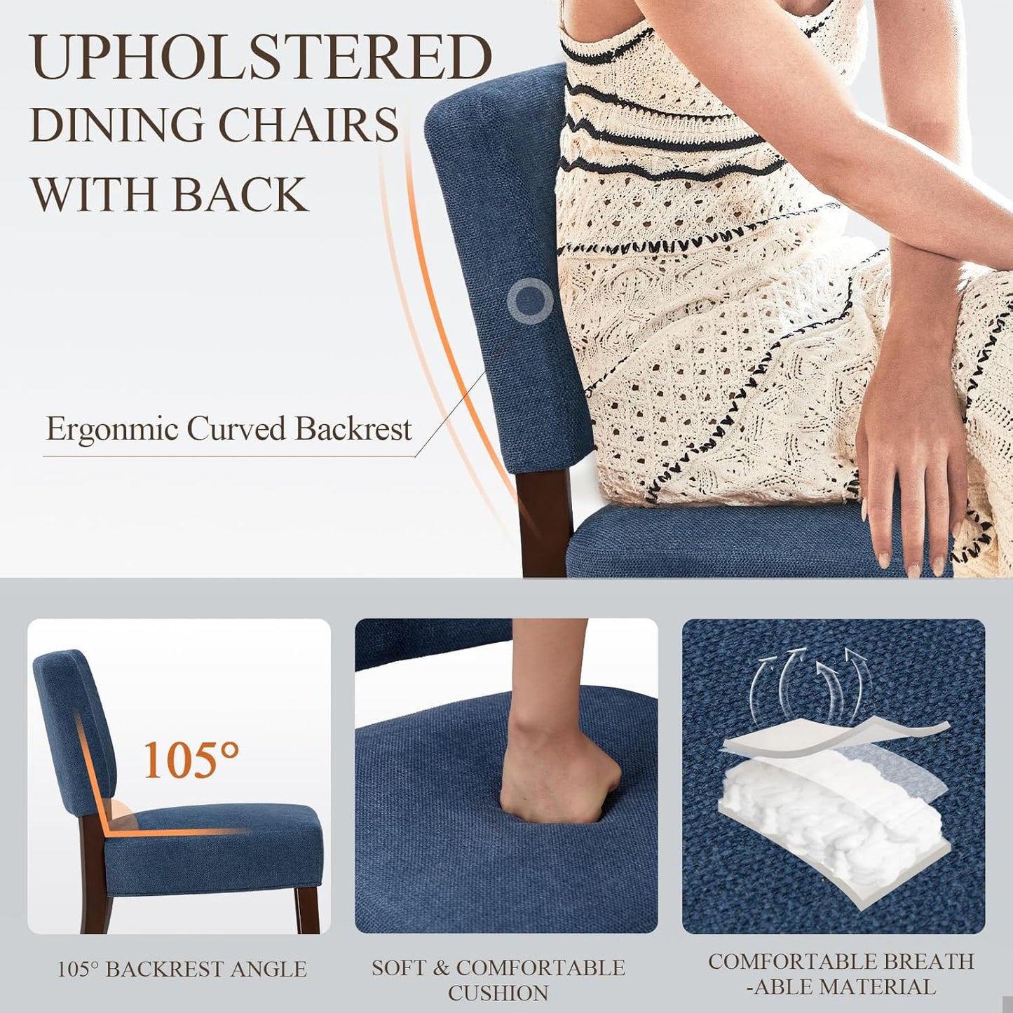 COLAMY Mid Century Modern Dining Chairs Set of 2, Upholstered Kitchen Chairs with Back, Farmhouse Fabric Side Dining Room Chairs with Wood Legs for Dining Room Kitchen Restaurant, Blue