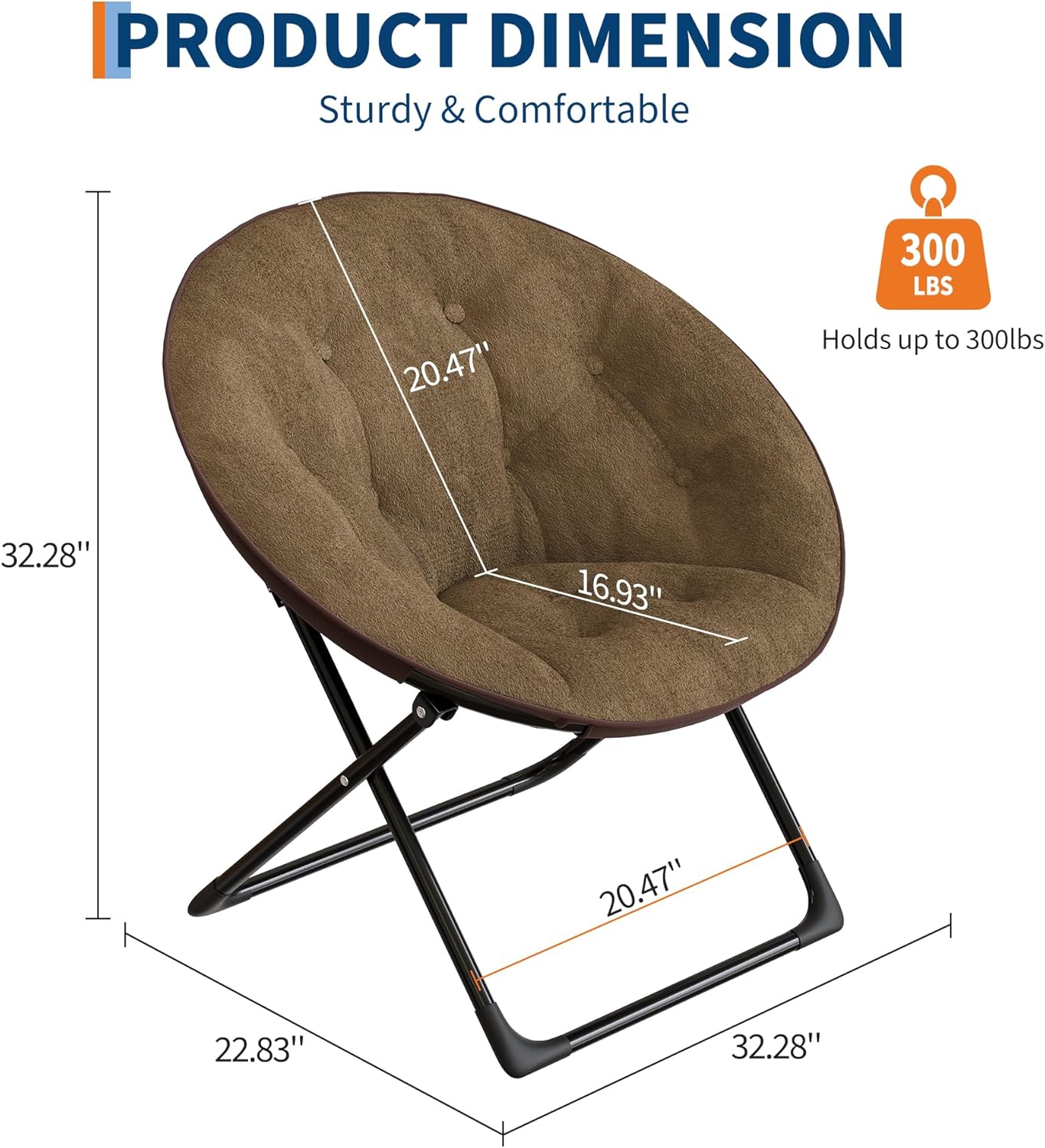 Saucer Chair, XL Foldable Lounge Chair for Bedroom/Dorm, Plush Comfy Seat with Non-Slip Base for Teens & Adults, Faux Fur Accent Chair, Brown