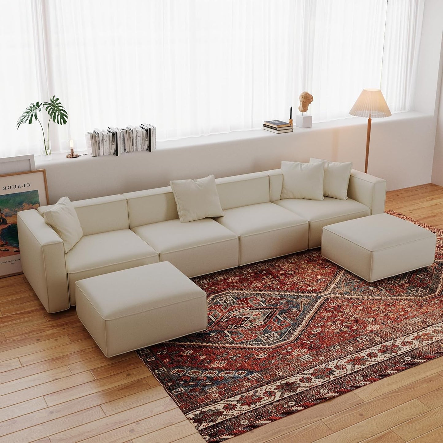 Acanva Luxury Modular Sectional Couch with Moveable Ottoman and Chaise, Modern Minimalist Style Sofa for Living Room, Apartments, U-Shape, Vegan Leather Cream