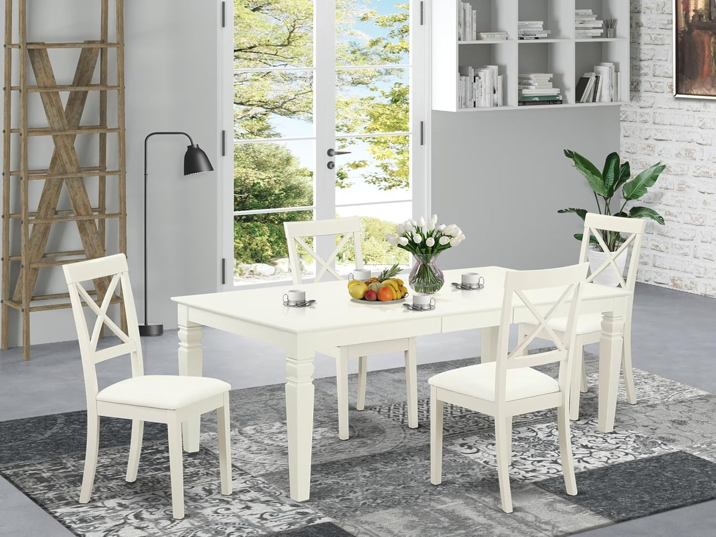 East West Furniture LGBO5-LWH-LC 5 Piece Dining Room Furniture Set Includes a Rectangle Kitchen Table with Butterfly Leaf and 4 Faux Leather Upholstered Chairs, 42x84 Inch, Linen White