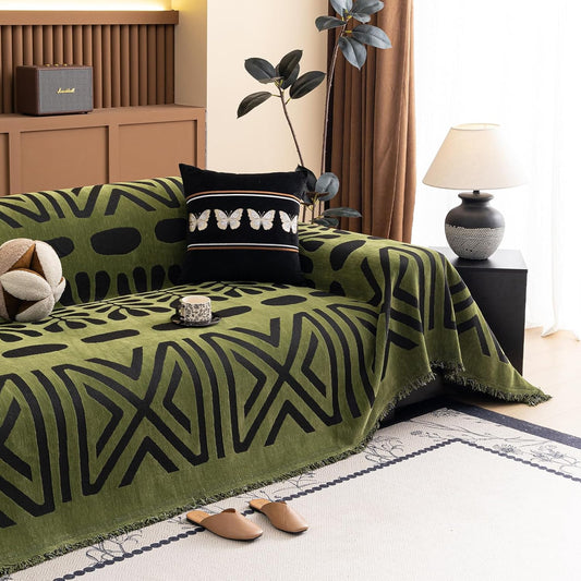 HANDONTIME Boho Couch Cover Geometric Striped Pet Covers for Couches and Sofas Olive Green and Black Dog Cover for Couch Pet Friendly Chenille Sectional Sofa Covers for Pets Washable, 71" X 134"