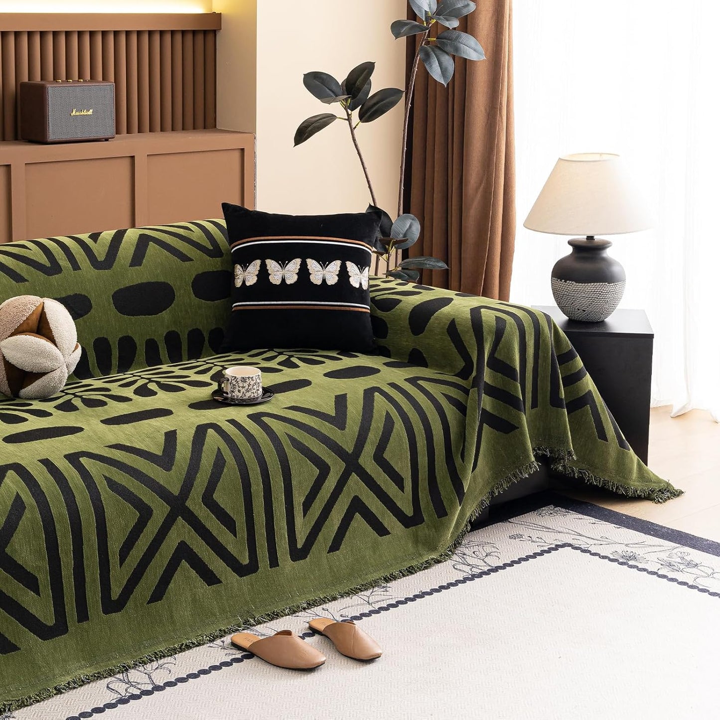 HANDONTIME Boho Couch Cover Geometric Striped Pet Covers for Couches and Sofas Olive Green and Black Dog Cover for Couch Pet Friendly Chenille Sectional Sofa Covers for Pets Washable, 71" X 118"