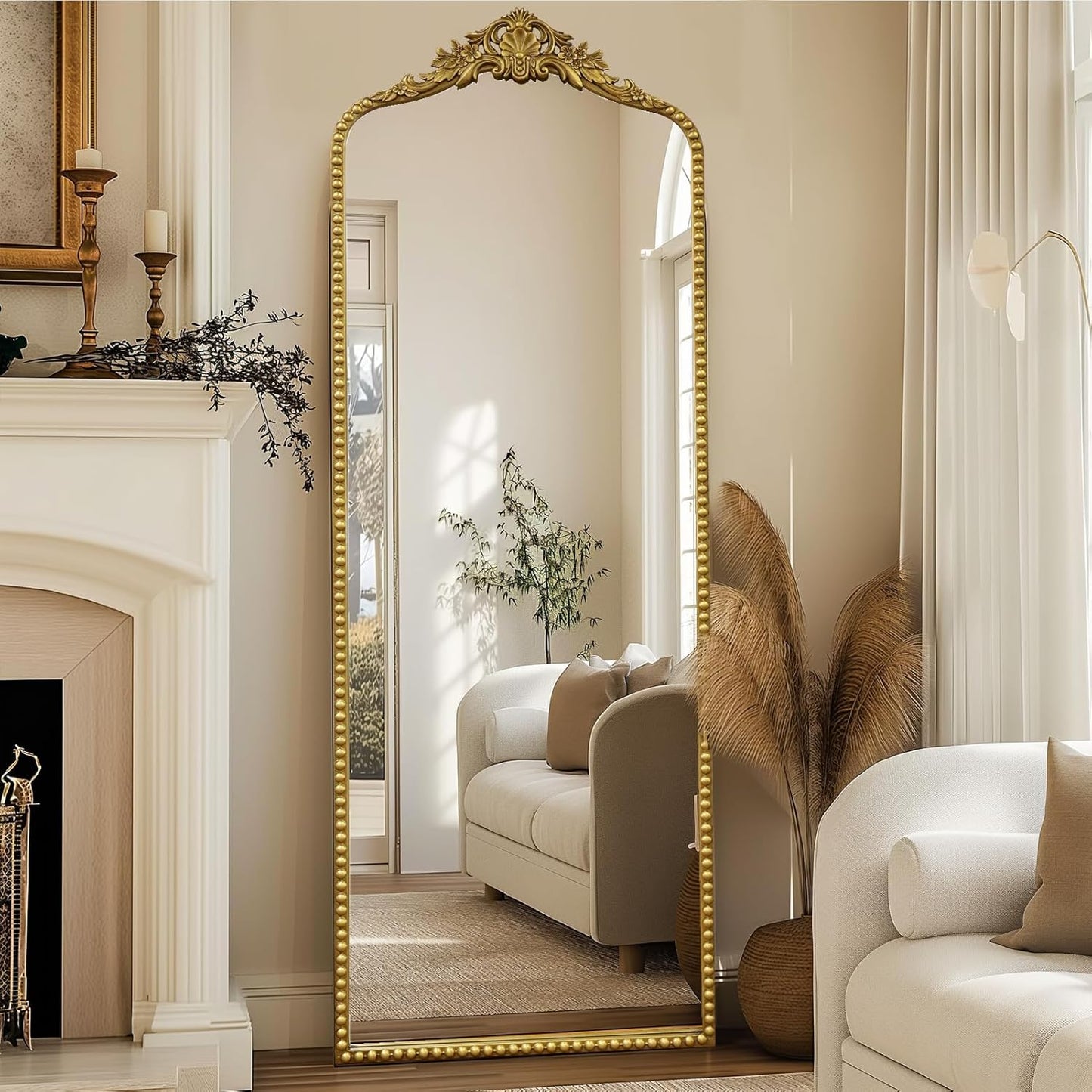 G-LEAF Vintage Baroque Full Length Floor Mirror 22"X65", Victorian Antique Mirror with Brush Gold Ornate Metal Frame for Fireplace Entryway Living Room Hallway Bathroom