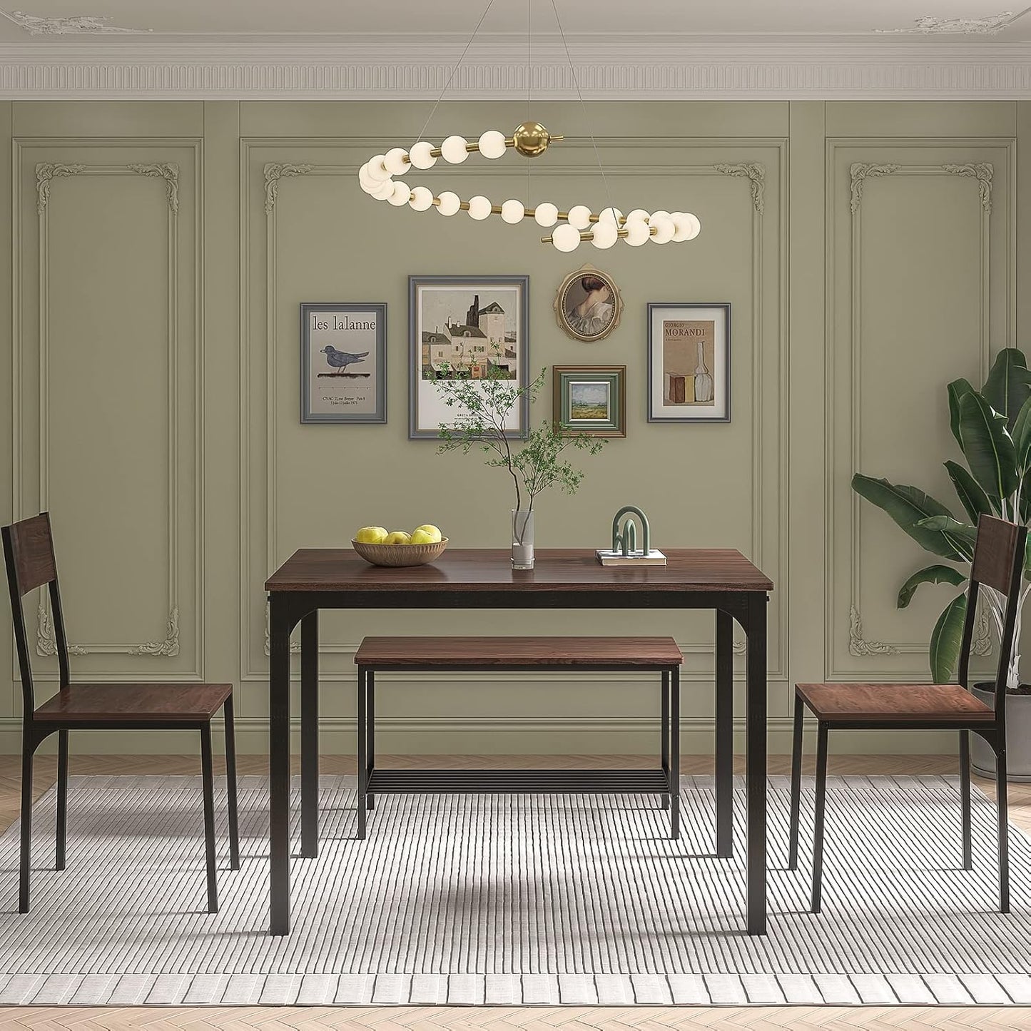 SogesHome 4-Piece Dining Table Set for 4 - Space-Saving Kitchen Set with Bench and Chairs, Ideal for Restaurants and Coffee Shops, Dark Walnut