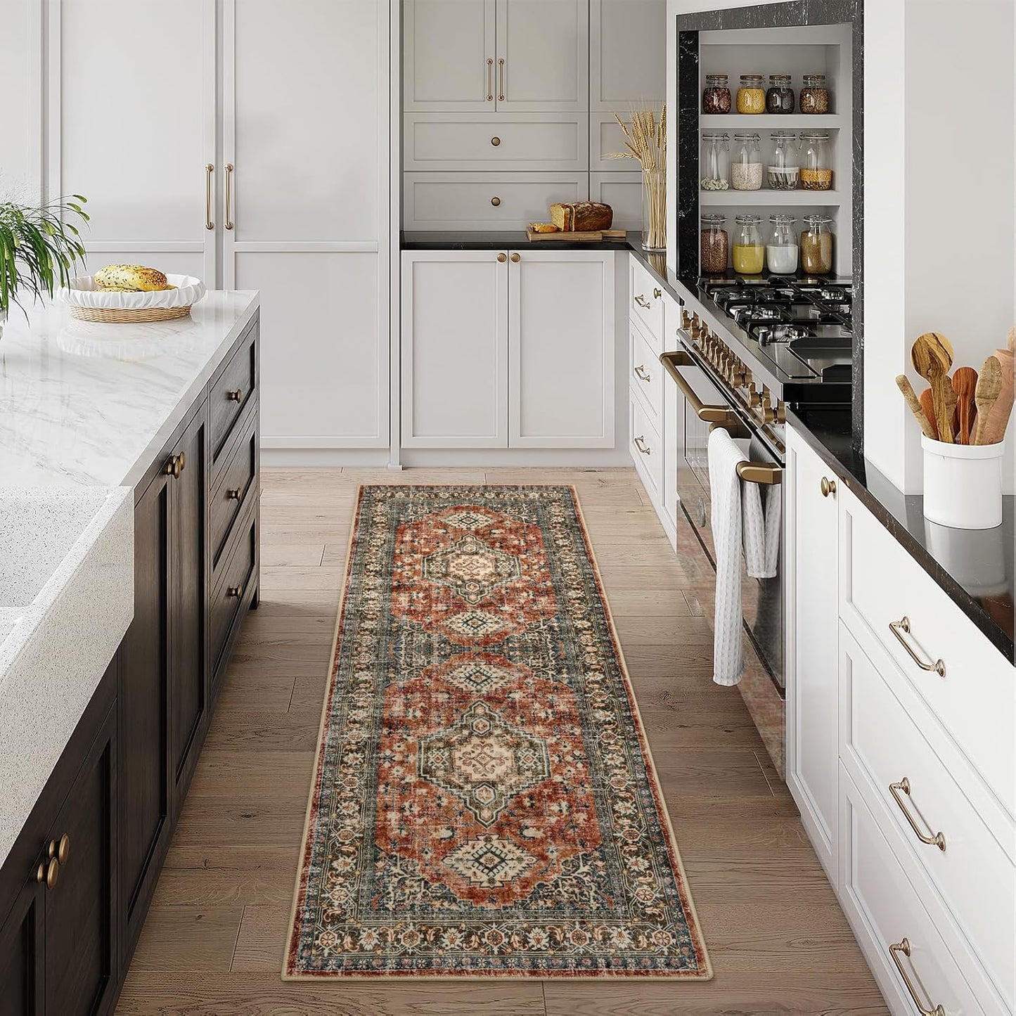 Lahome Oriental Kitchen Runner Rug Non Slip, 2x5 Washable Hallway Runner with Rubber Backing, Vintage Hallway Rug Ultra-Thin Soft Carpet for Bedroom Bathroom, Brick Red