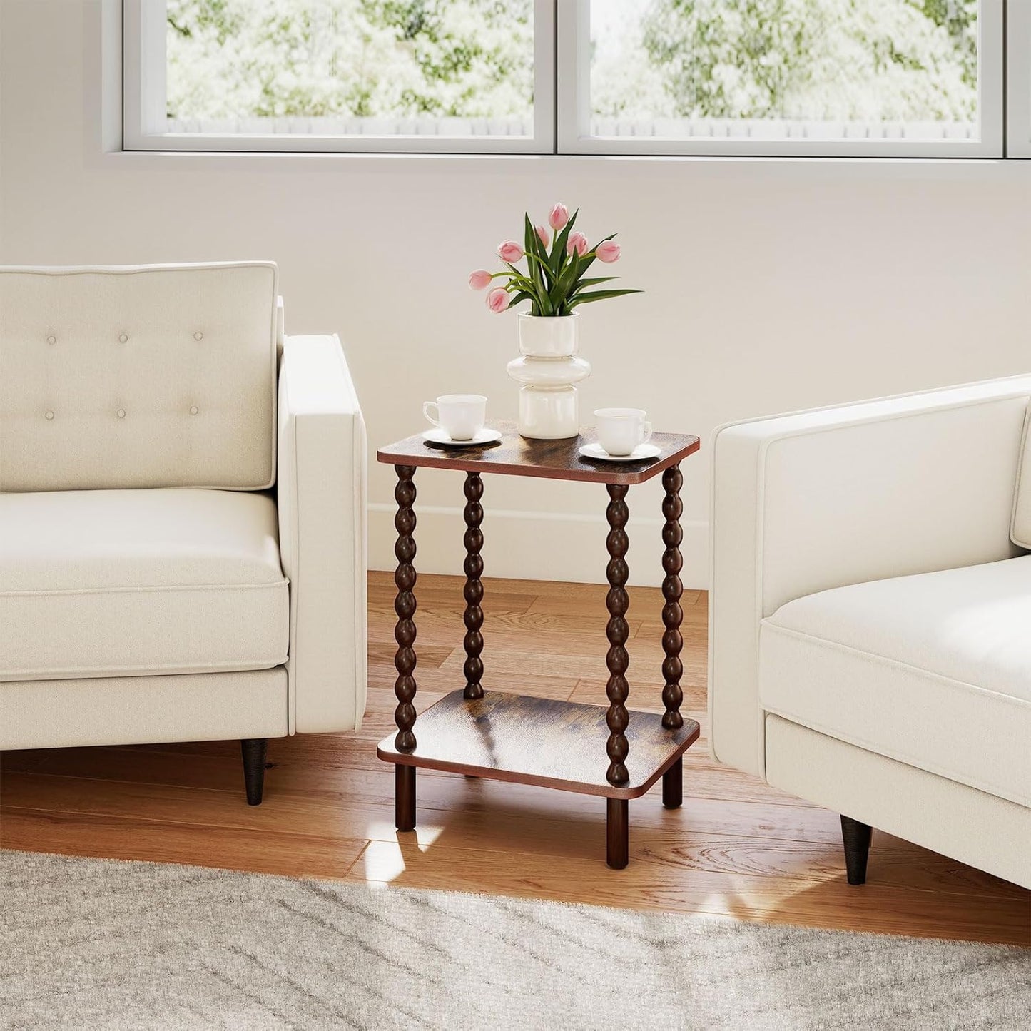 2-Tier End Table,Vintage Side Table,Solid Wood Bedside Table with Storage Rack,for Living Rooms, bedrooms, and Narrow Spaces (Rustic Brown)