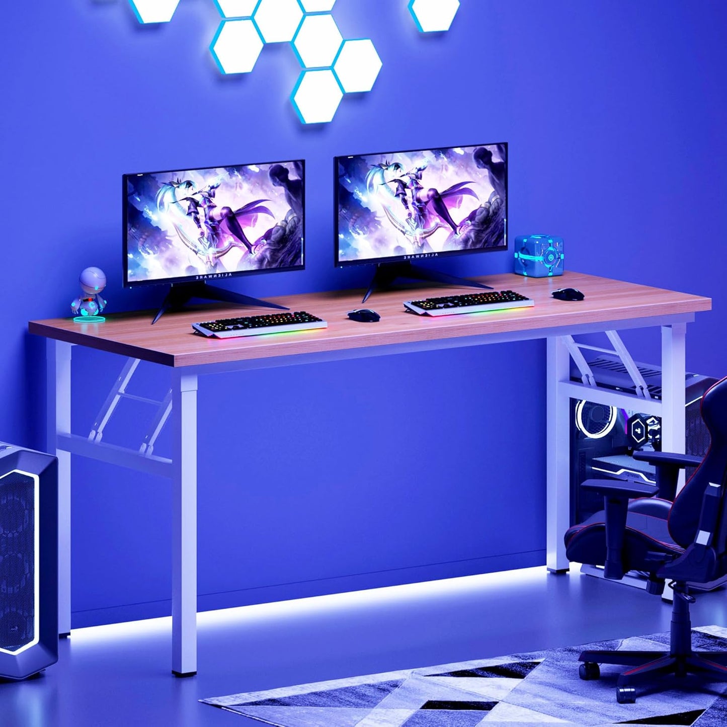 Need Office Computer Desk - 54.3L Sturdy and Heavy Duty Folding Laptop Table,Writing Table/Home Office Desk/Sewing Table,No Assembly Required (Teak&White) AC5BW138