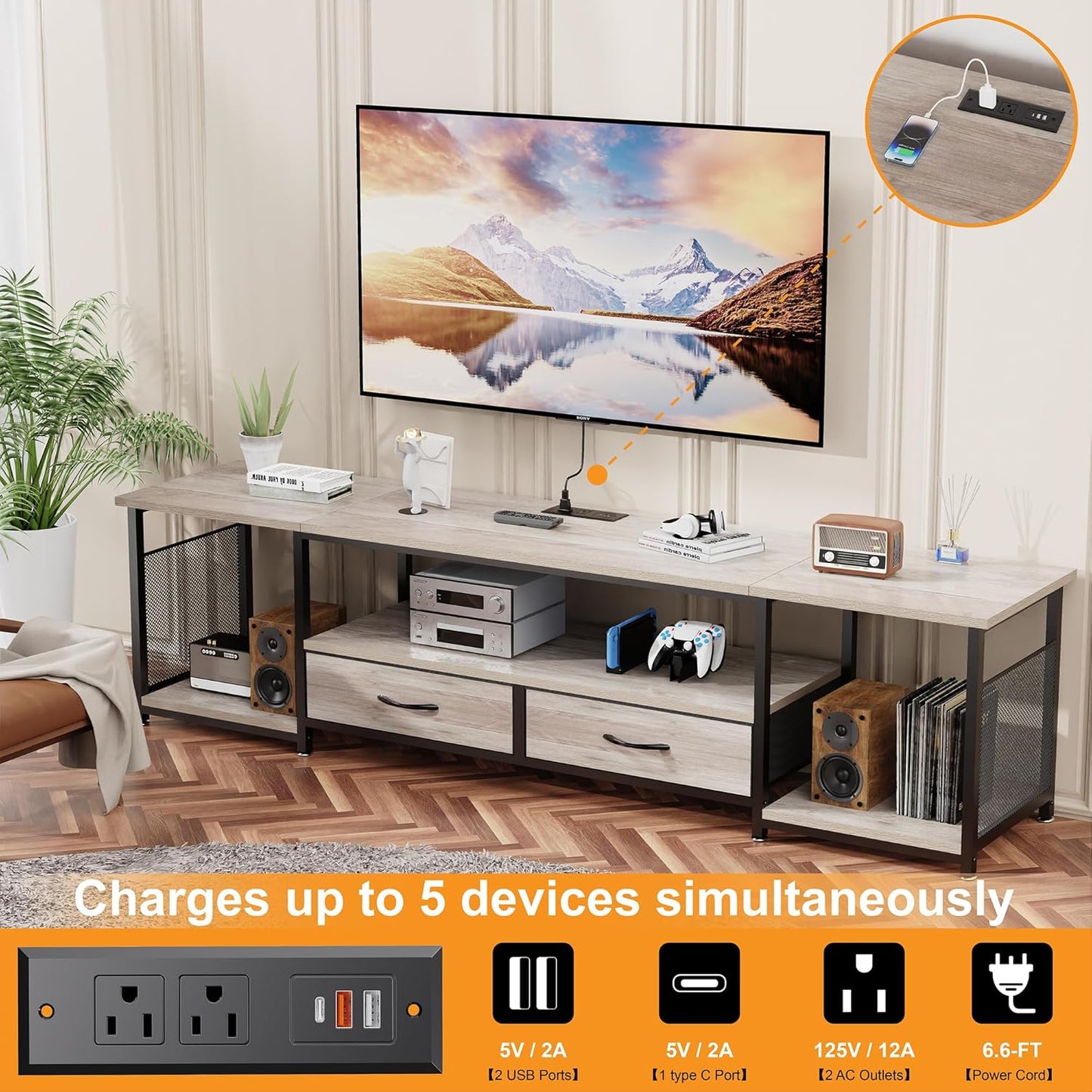 TV Stand with Drawers and Power Outlets for 75 70 65 Inch TV, Entertainment Center with Open Storage Shelves, Media Industrial TV Console Table for Living Room Bedroom Office, Greige