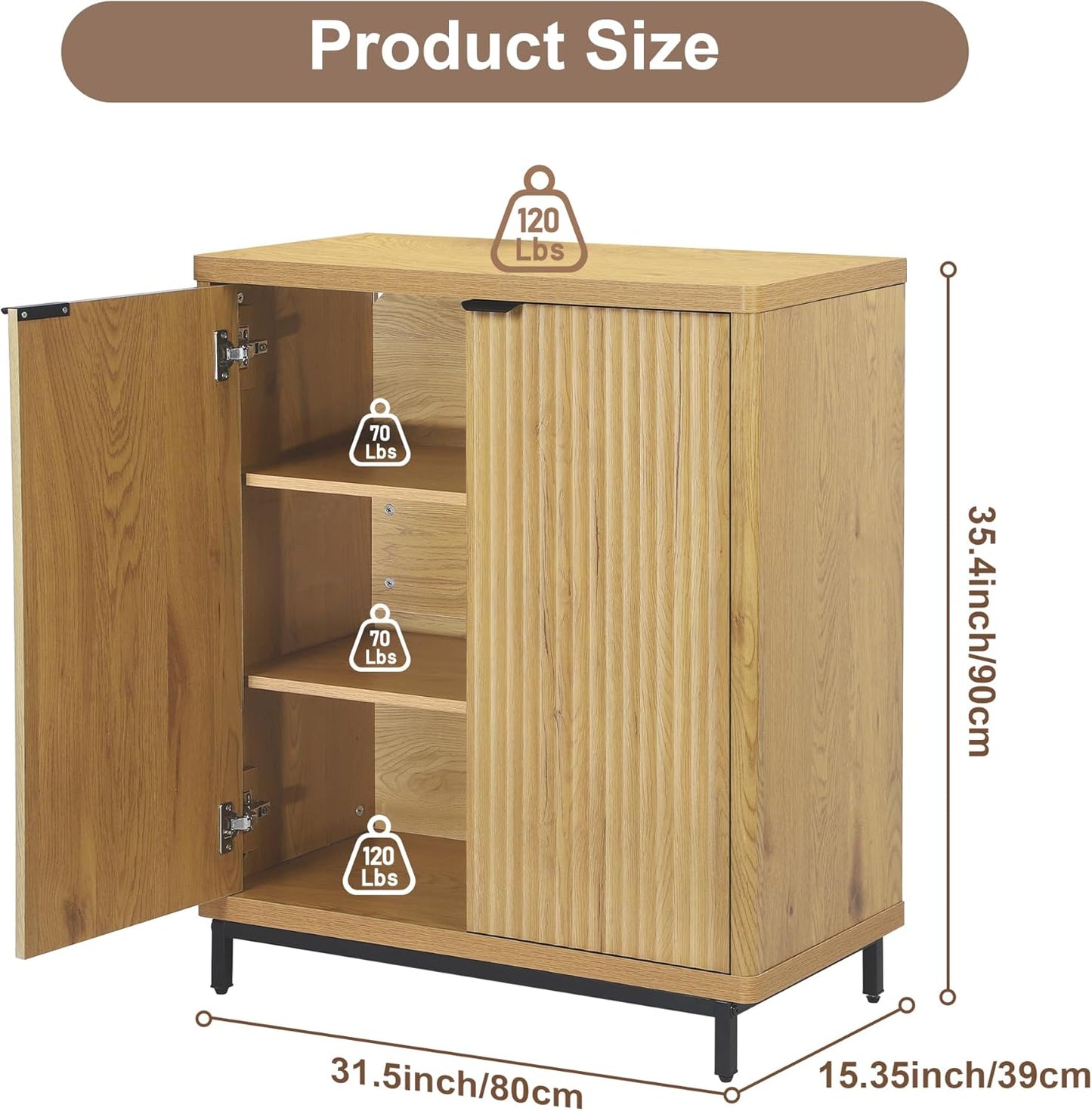 Buffet Cabinet with Storage Accent Sideboard Modern Credenza with 2 Doors & 3 Shelves Fluted Media Console for Living Room Kitchen Dining Room Hallway (Natural Oak)