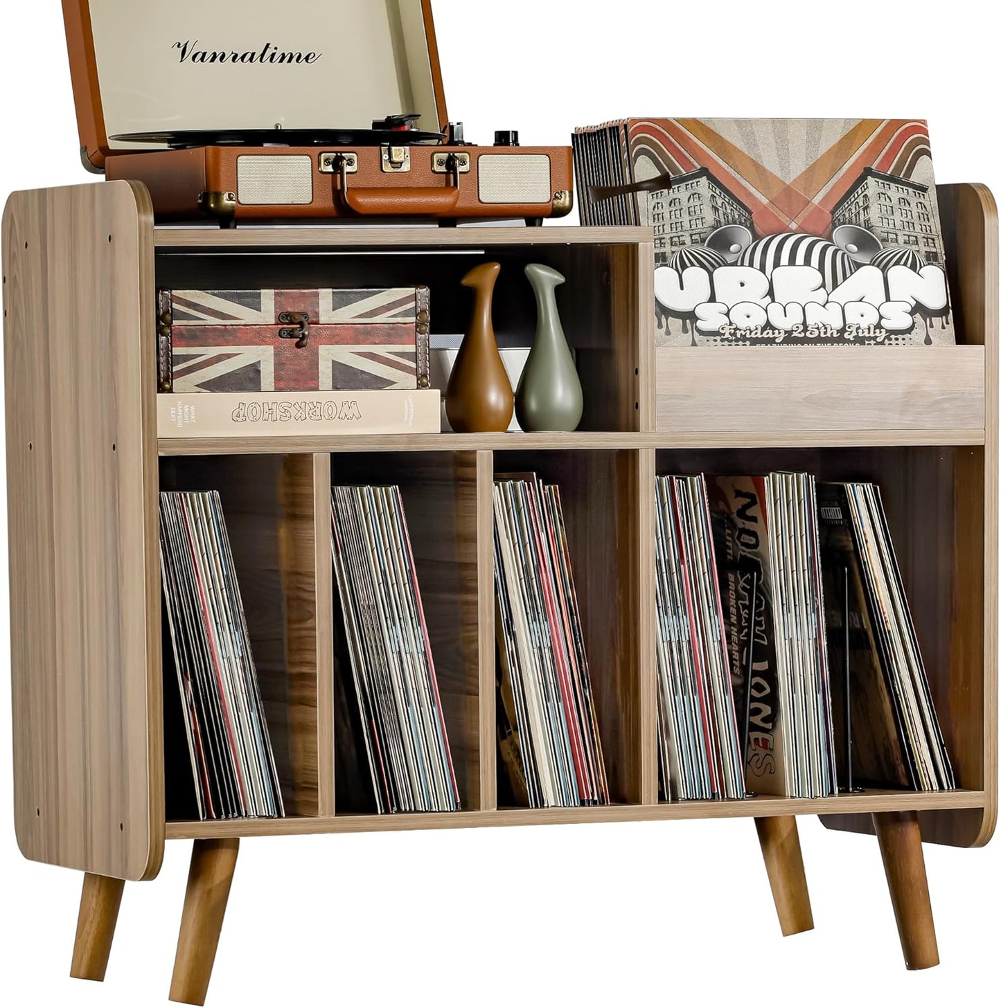 Record Player Stand, Large Record Player Table Cabinet with Open Vinyl Storage and Display Shelf Holds up to 350 Albums, Mid Century Wood Turntable for Living Room, Bedroom (Walnut)