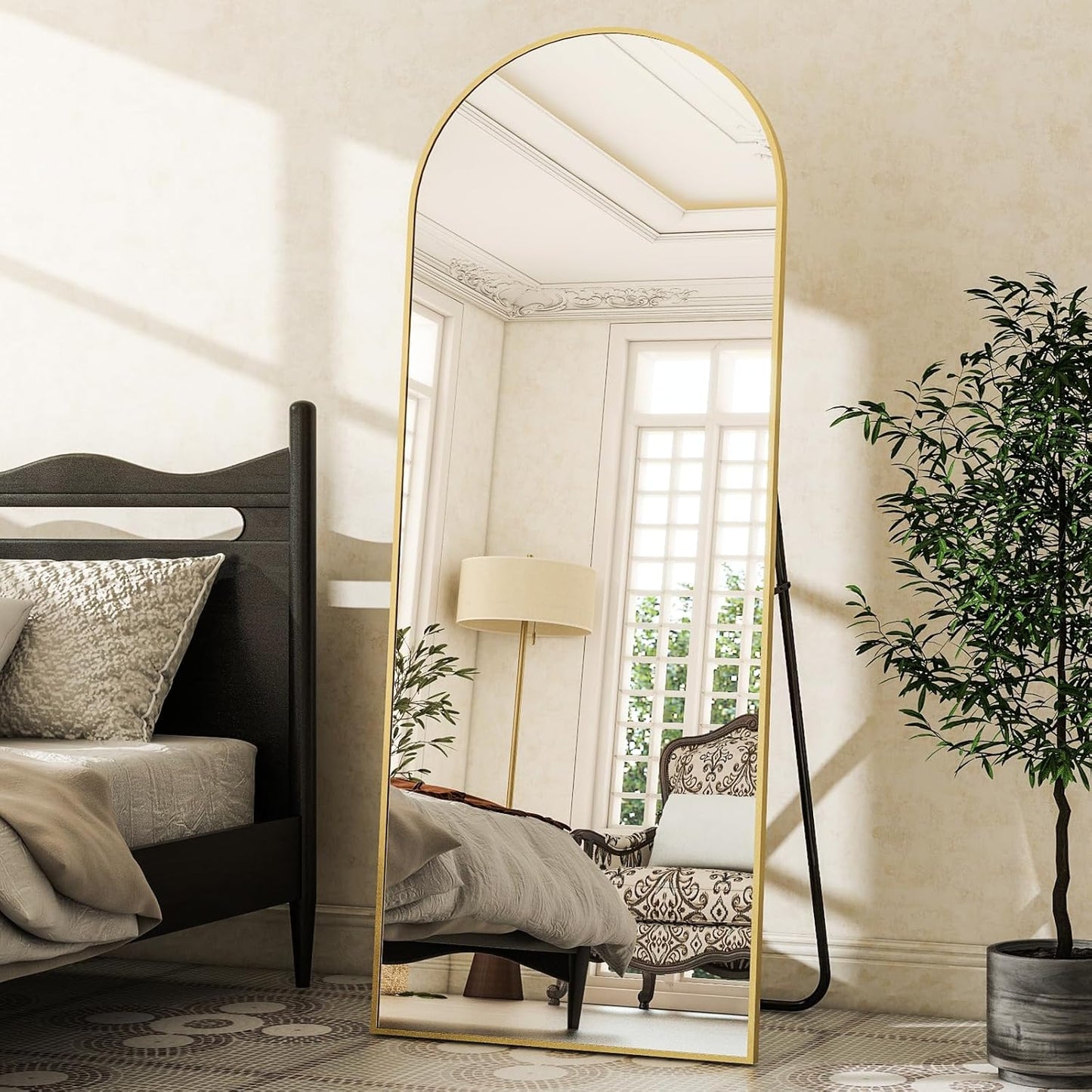 Arched Full Length Mirror, 64" x 21" Arch Floor Mirror with Stand, Full Length Wall Mirror Hanging or Leaning Arched-Top Full Body with Stand for Bedroom, Dressing Room, Gold