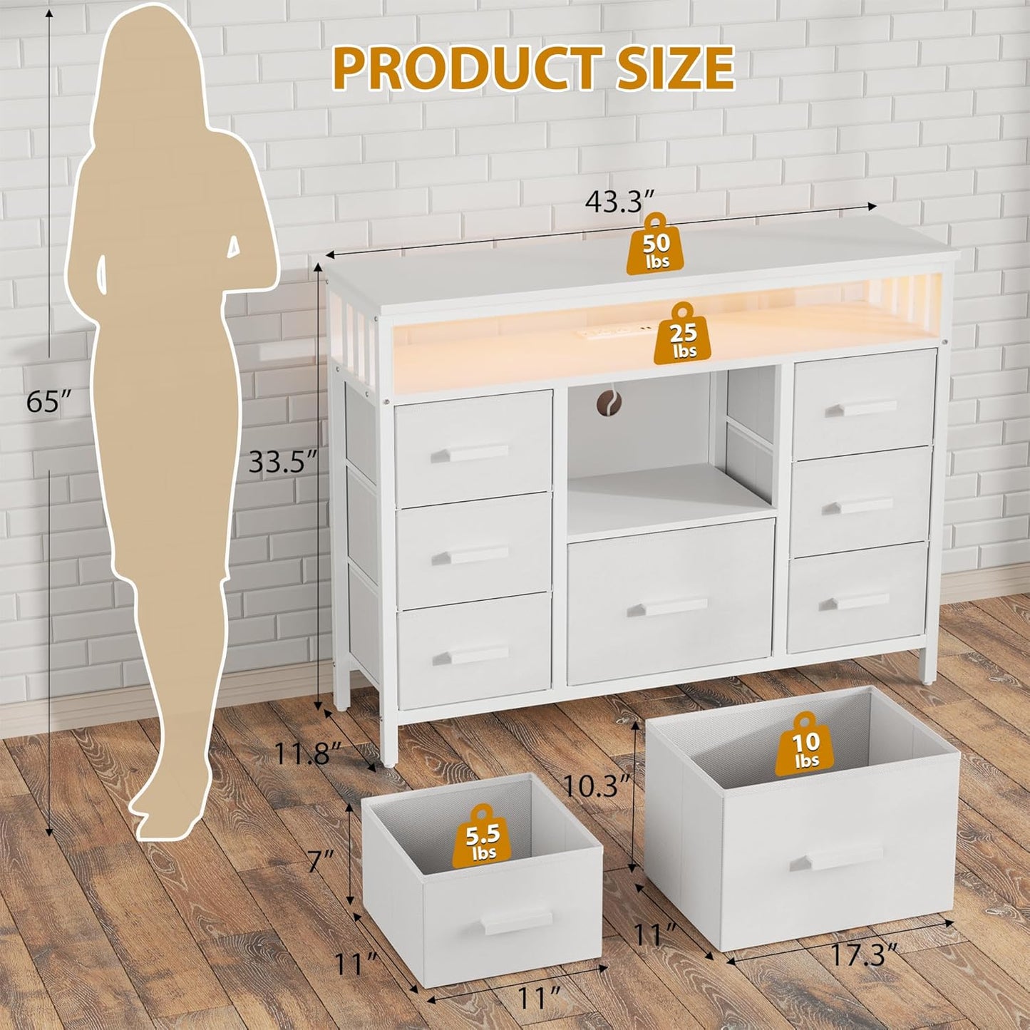 7 Drawer Dresser TV Stand with Power Outlets and LED Lights, Entertainment Center with Open Shelf, Media Console for 50“ TV, Dresser for Bedroom (White)