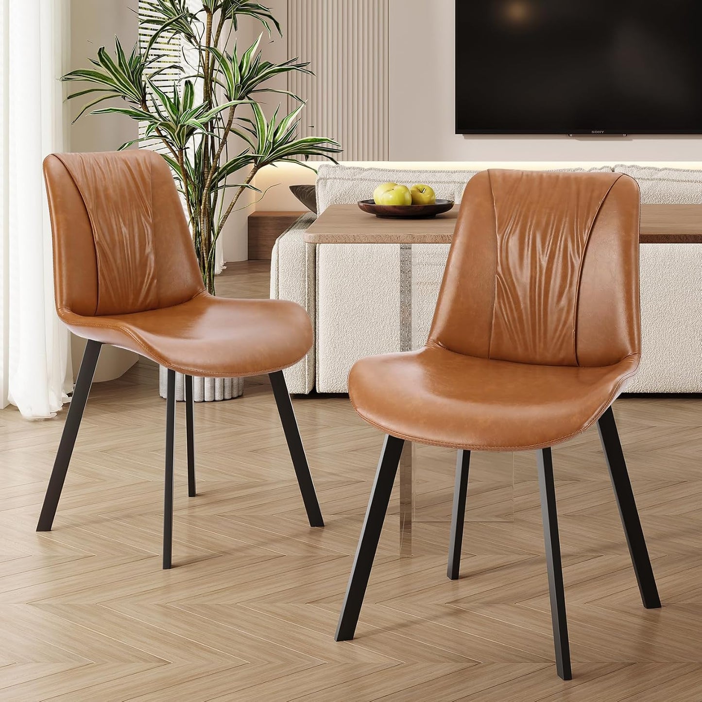 Upholstered Dining Chairs Set of 4, Modern Kitchen & Dining Room Chairs, Faux Leather, Sturdy Metal Legs, for Living Room, Cafe & Restaurant- Brown