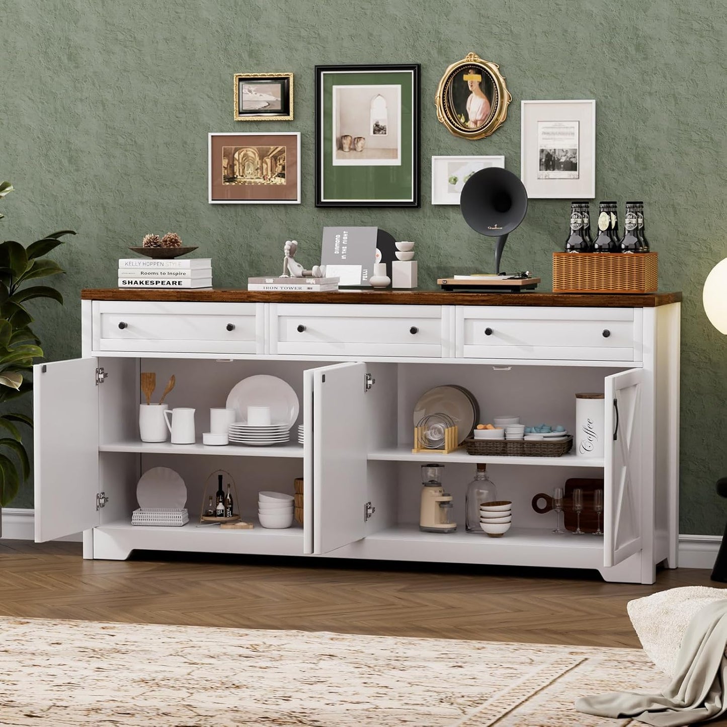 66'' Farmhouse Sideboard Buffet Cabinet with Storage, Large Kitchen Storage Cabinet with Barn Doors Drawers, Brown Coffee Bar Table for Dining Room Kitchen