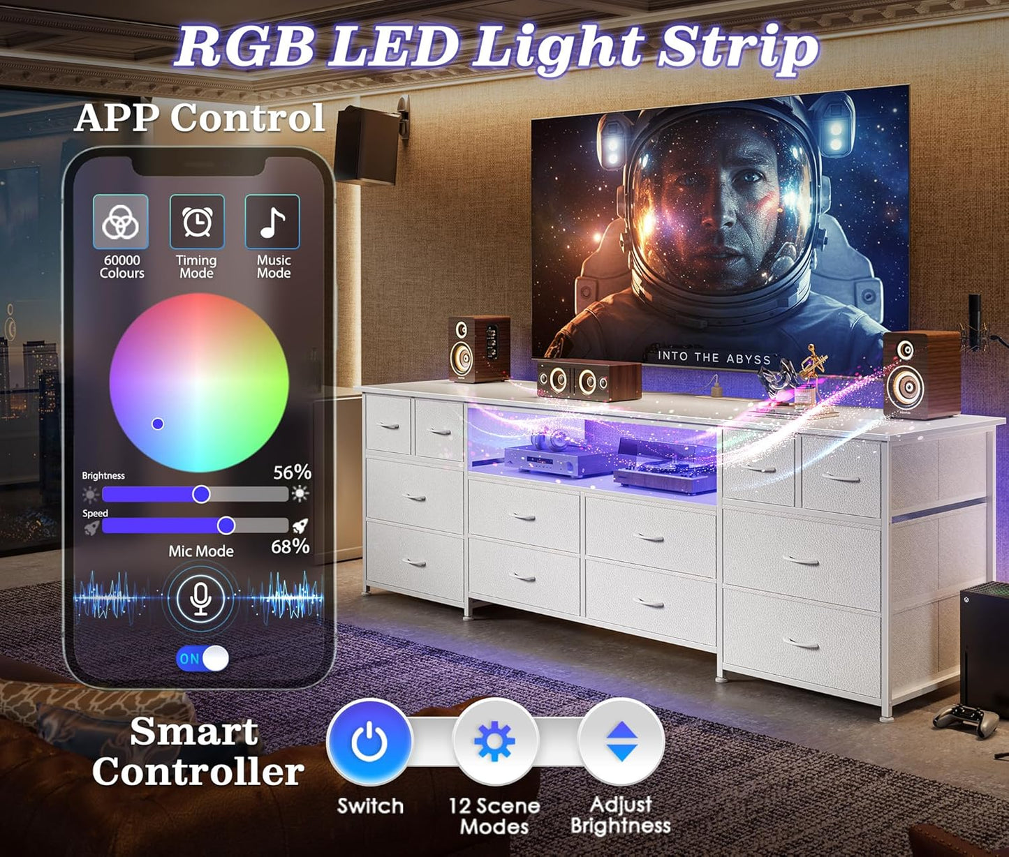 Huuger 63 Inch Dresser TV Stand with LED Lights, Power Outlets and USB-C Port, 12 Fabric Drawer Dresser for Bedroom, Wide Entertainment Center for 65, 70 Inch TV, Media Console, Open Shelf, White