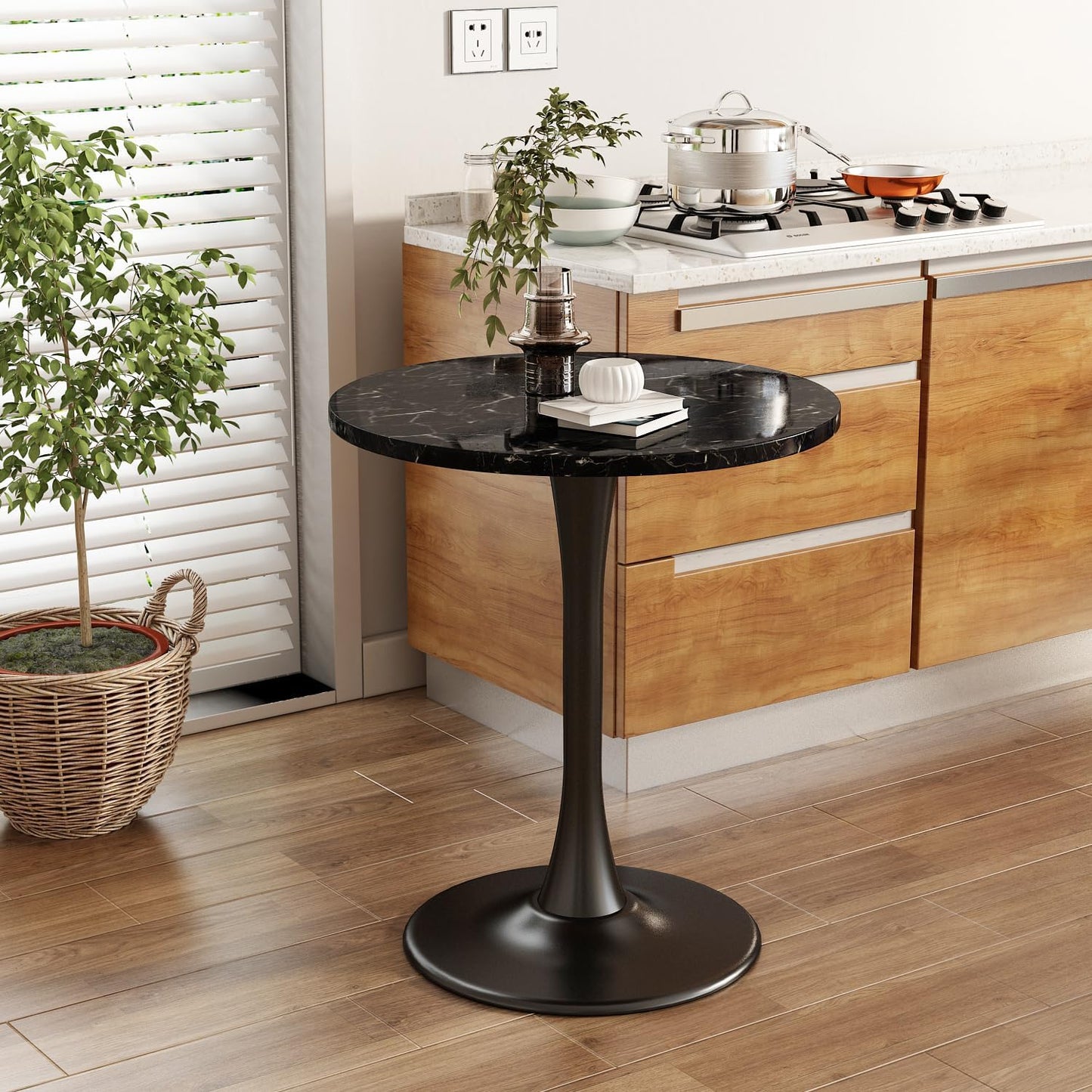 Black Round Table Modern Dining Table Marble Texture Tulip Round Kitchen Table Mid Century Coffee Table for Living Room, 24 inch