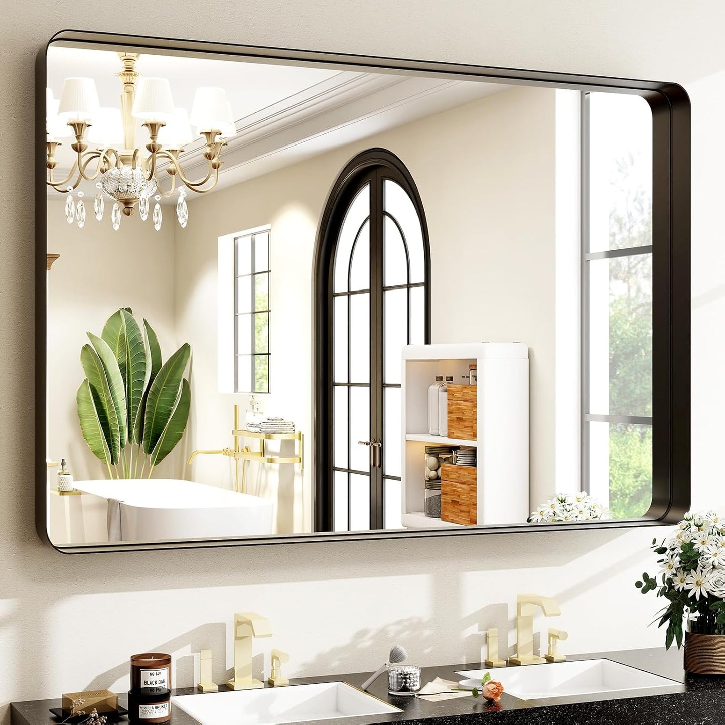 30"x40" Black Bathroom Mirror - Modern Mirror for Wall with Rounded Corners. Bathroom Mirrors for Vanity, Aluminum Alloy Framed Mirror Portrait or Landscape Hang, Rectangle Mirrors