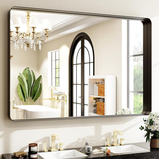 30"x40" Black Bathroom Mirror - Modern Mirror for Wall with Rounded Corners. Bathroom Mirrors for Vanity, Aluminum Alloy Framed Mirror Portrait or Landscape Hang, Rectangle Mirrors