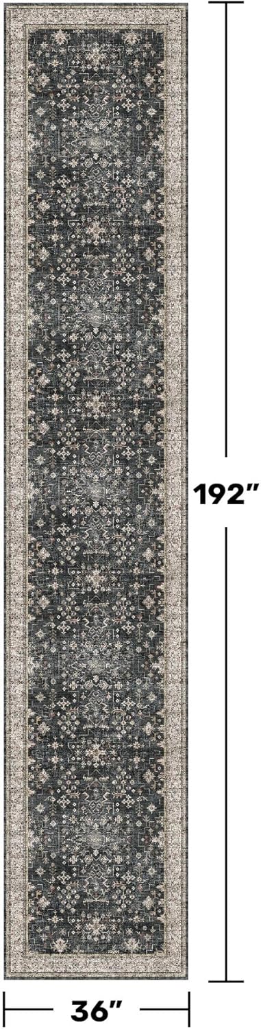 Black Boho Washable 3x16 Extra Long Runner Rug for Hallway, Waterproof Large Kitchen Floor Rug, Non-Slip Stain & Fade Resistant, Vintage Floral Decor
