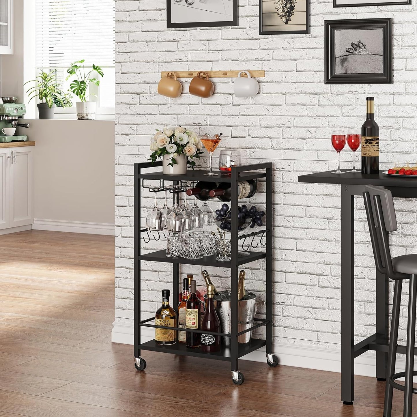 TUTOTAK Bar Cart, Home Bar Serving Cart with 3-Tier Shelf, Drink Cart with Wine Rack, Glass Holder, Rolling bar carts for The Home, Living Room, Brown V1BC01BK035
