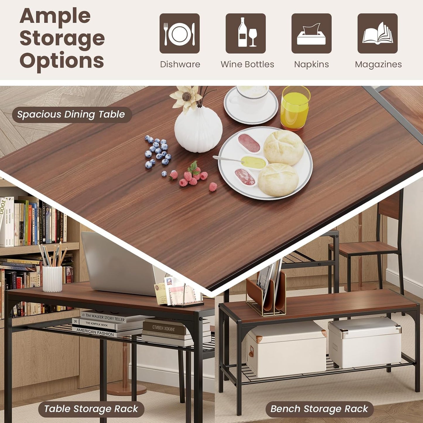 Giantex Dining Table Set for 4, Kitchen Table with Chairs & Bench, Storage Racks, Metal Frame, 4-Piece Space-Saving Dinette Set for Dining Room, Breakfast Nook, Small Space, Apartment, Walnut