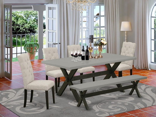 East West Furniture X697EL635-6 6 Piece Dining Table Set Contains a Rectangle Dining Room Table with X-Legs and 4 Doeskin Linen Fabric Parson Chairs with a Bench, 40x72 Inch, Multi-Color