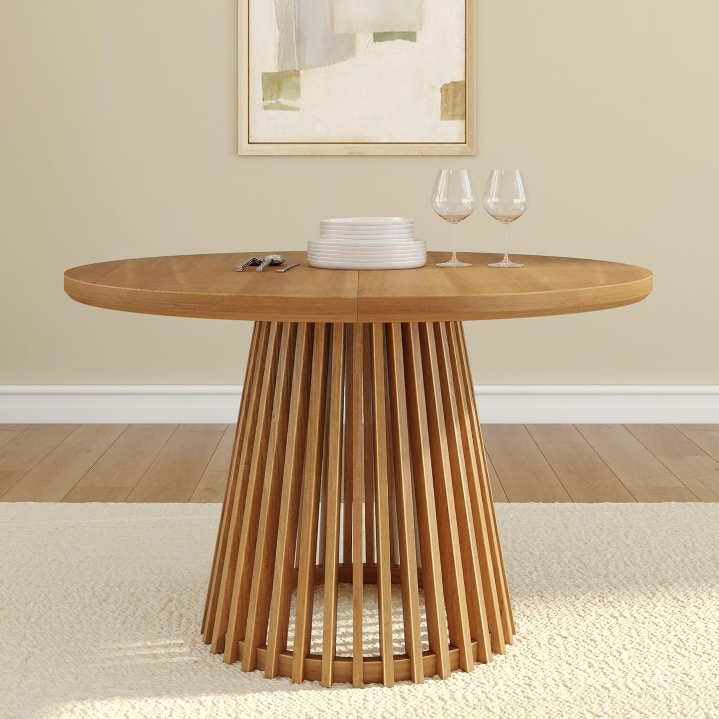 Plank+Beam Lido Round Dining Table, 47", Wooden, Pedestal, Minimalist Kitchen Table for 4 for Dining Room, Pecan