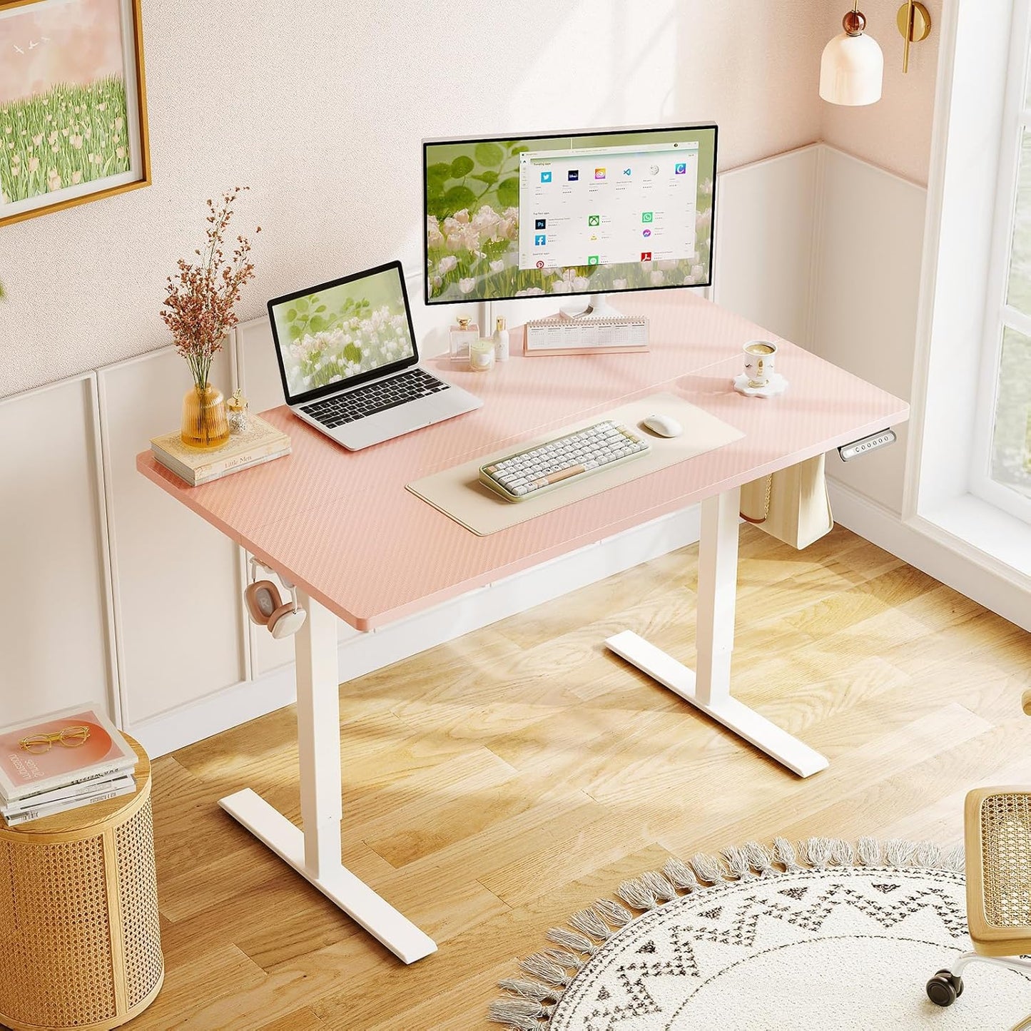 OffiGo Electric Height Adjustable Standing Desk, 40 Inch Pink Computer Desk for Women Girls, Sit Stand Table for Home, Office, Bedroom