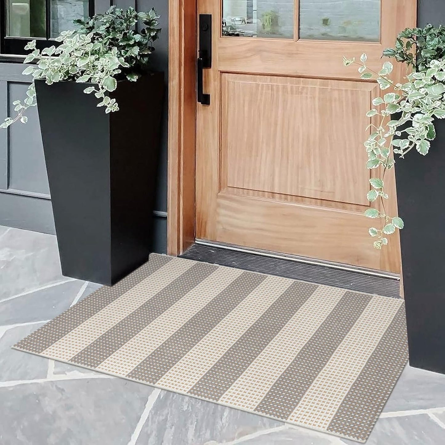 OJIA Fall Front Door Mat Outdoor Entrance 24"x36", Machine Washable Porch Rug Indoor Outdoor Rugs Halloween Doormat Cotton Woven Entryway Rug Striped Small Area Rugs for Kitchen (Gray/White/Tan)