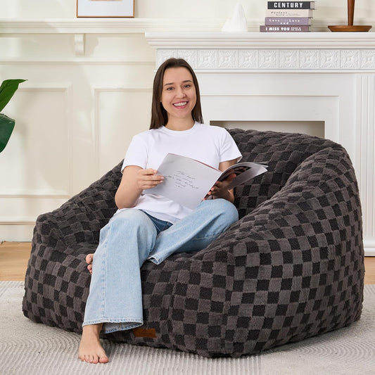 Bean Bag Chairs for Adults, Giant Beanbag Sofa Comfy Reading Chair, Oversized Bean Bag Chairs for Living Room Bedroom, Soft Faux Fur Fabric, 3.2FT, Dark Grey, Checkered